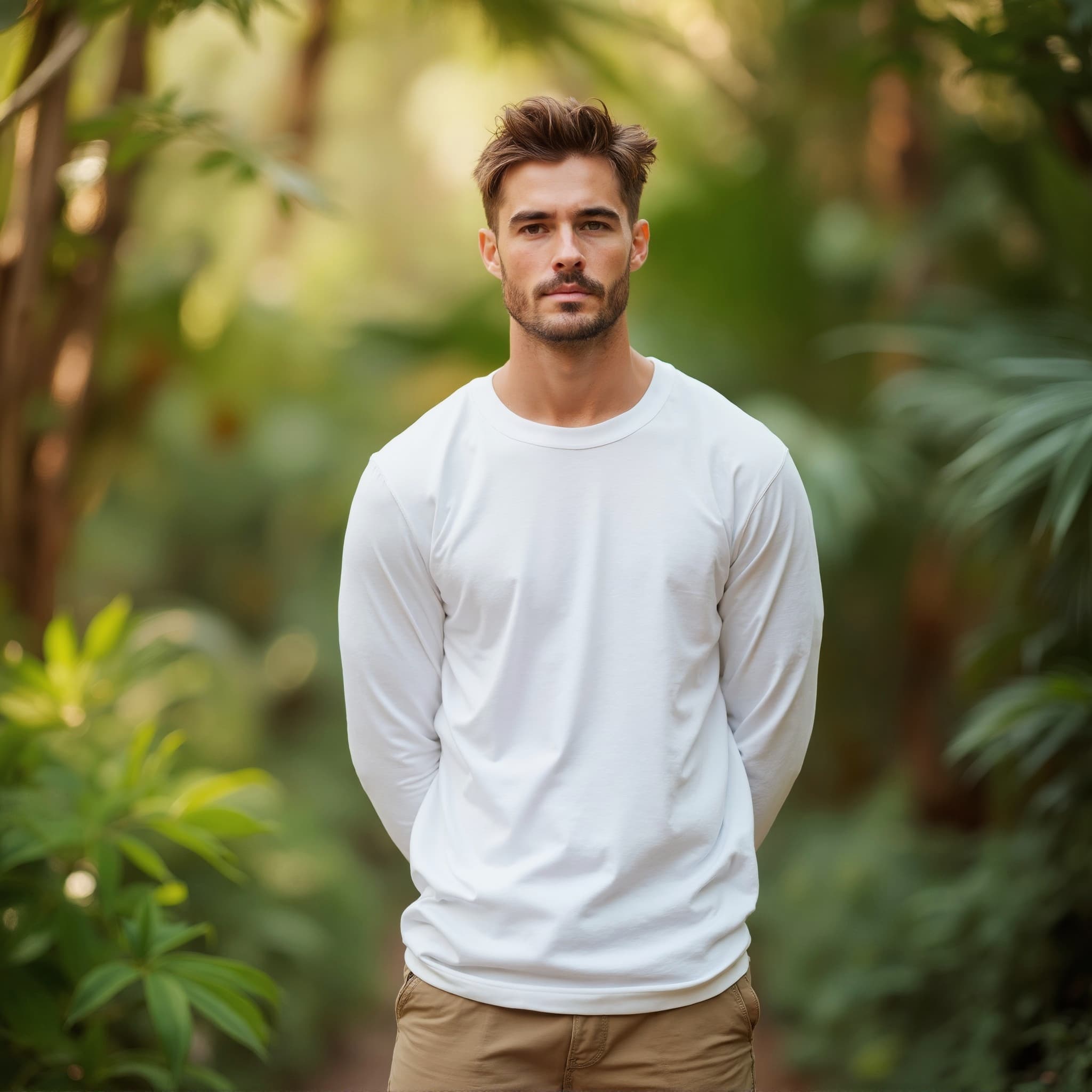 Long sleeve tee mockup a man stands with arms behind back in a garde