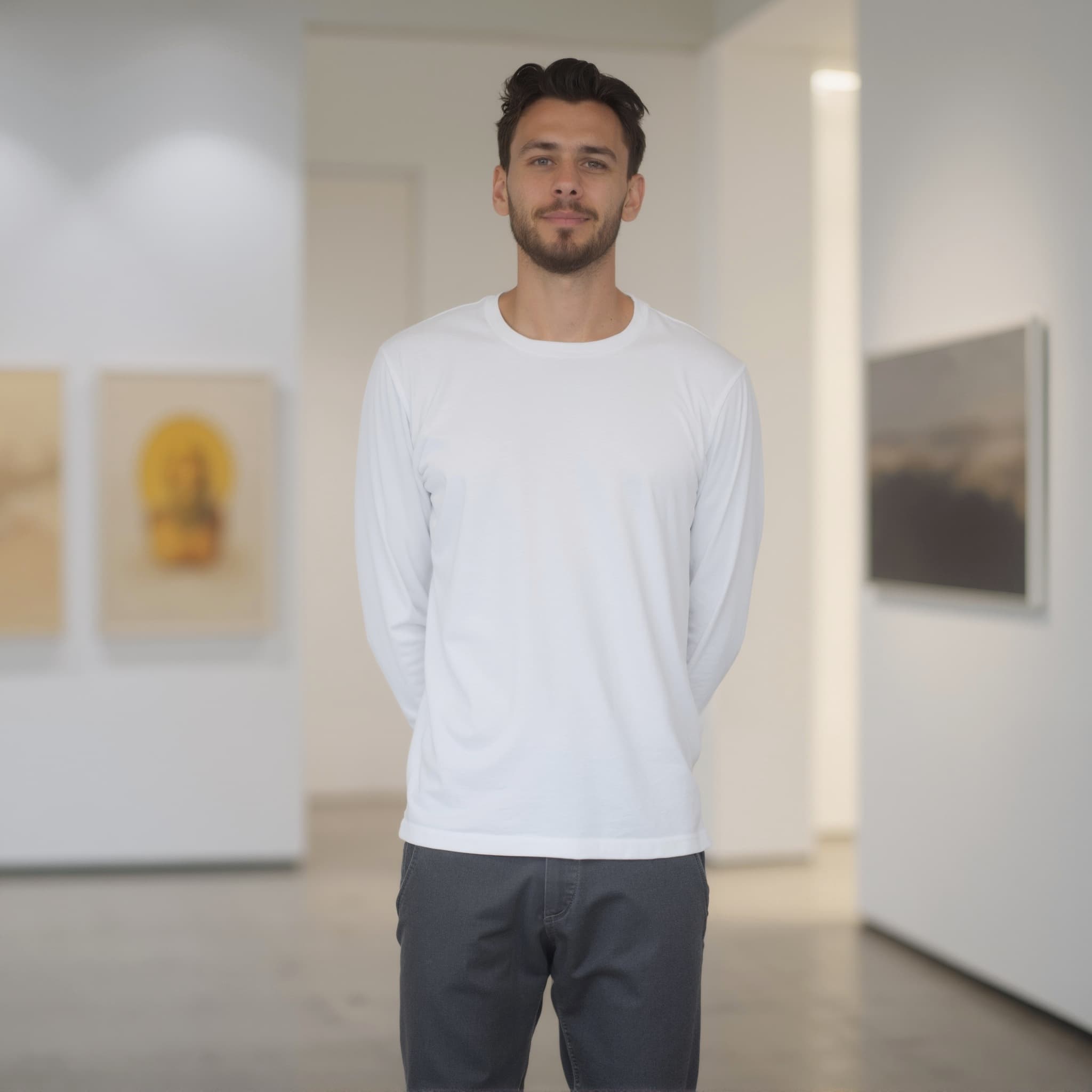 Long sleeve tee mockup a man stands with arms behind back in an art gallery