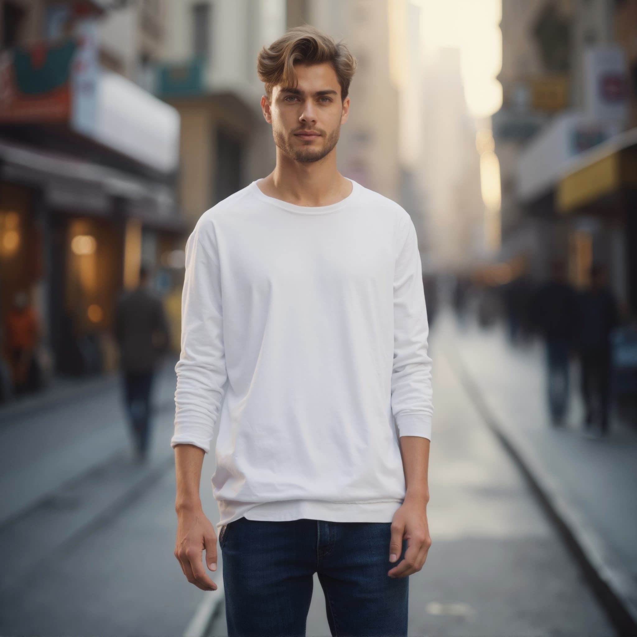 Long sleeve tee mockup a man stands with arms relaxed on a city street