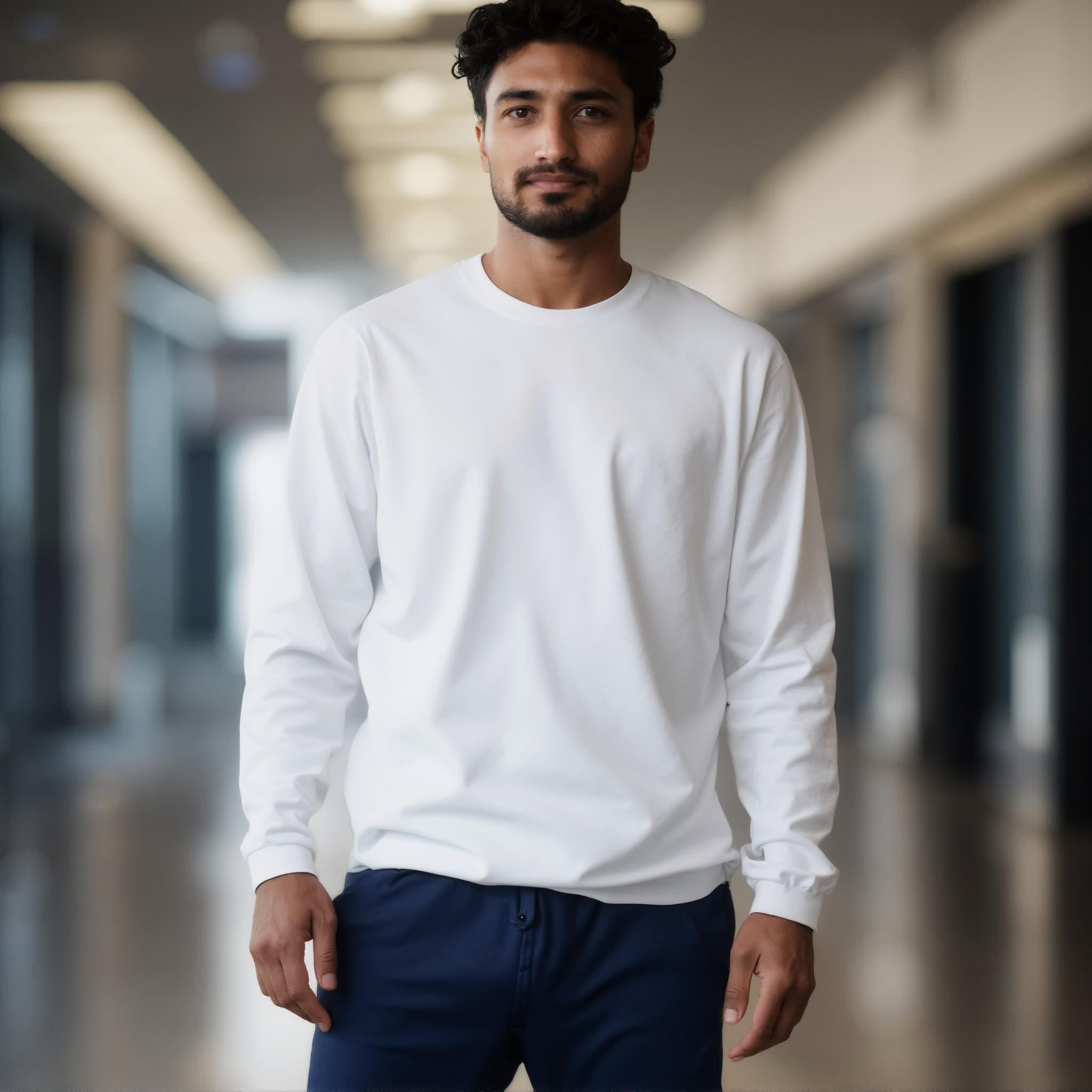 Long sleeve tee mockup a man stands with hands at sides in a hallway