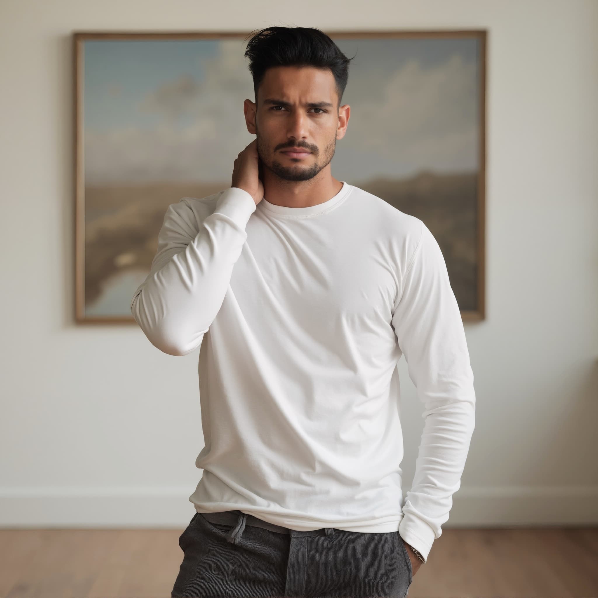 Long sleeve tee mockup a man holds his neck in a room 01