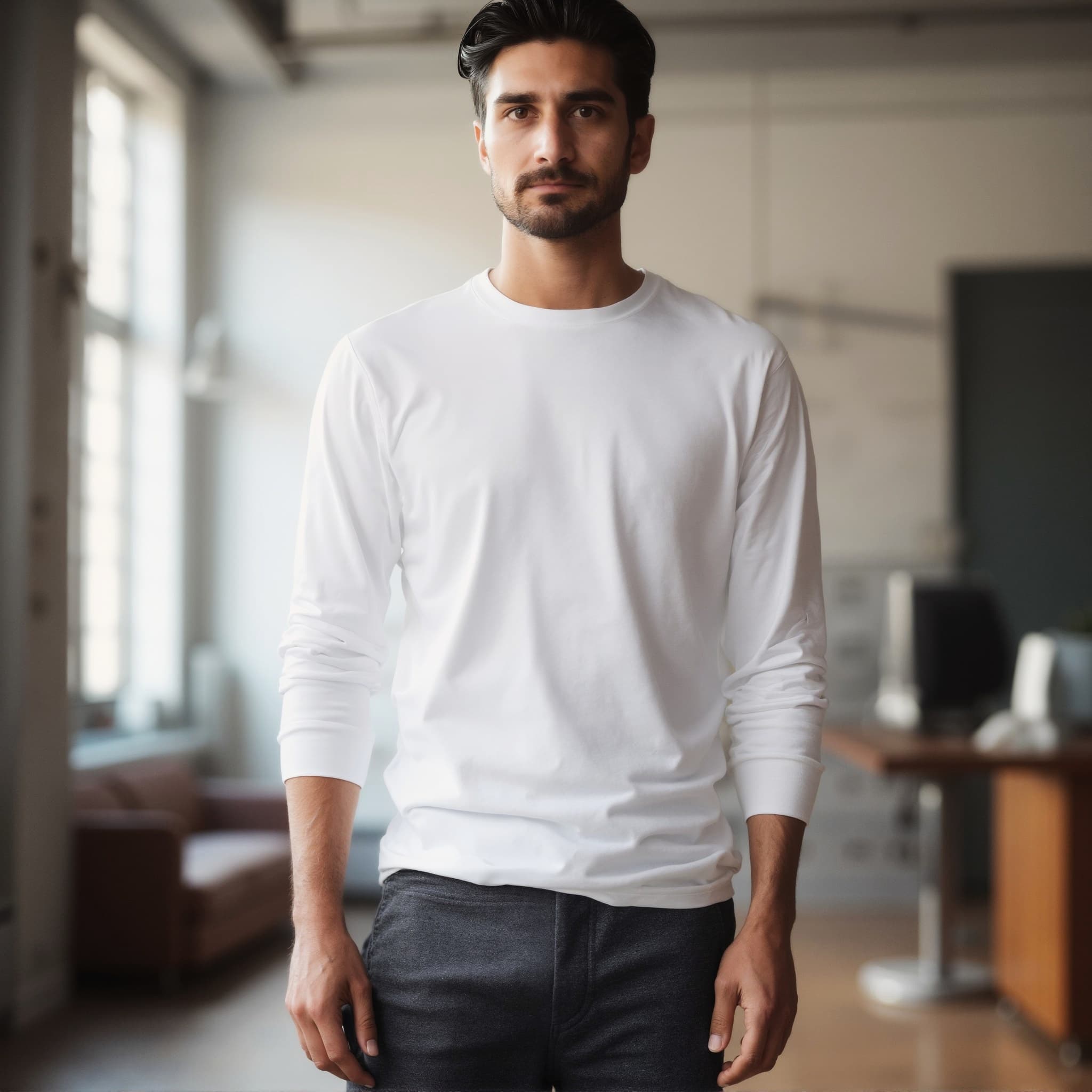 Long sleeve tee mockup a man stands with hands at sides modern office