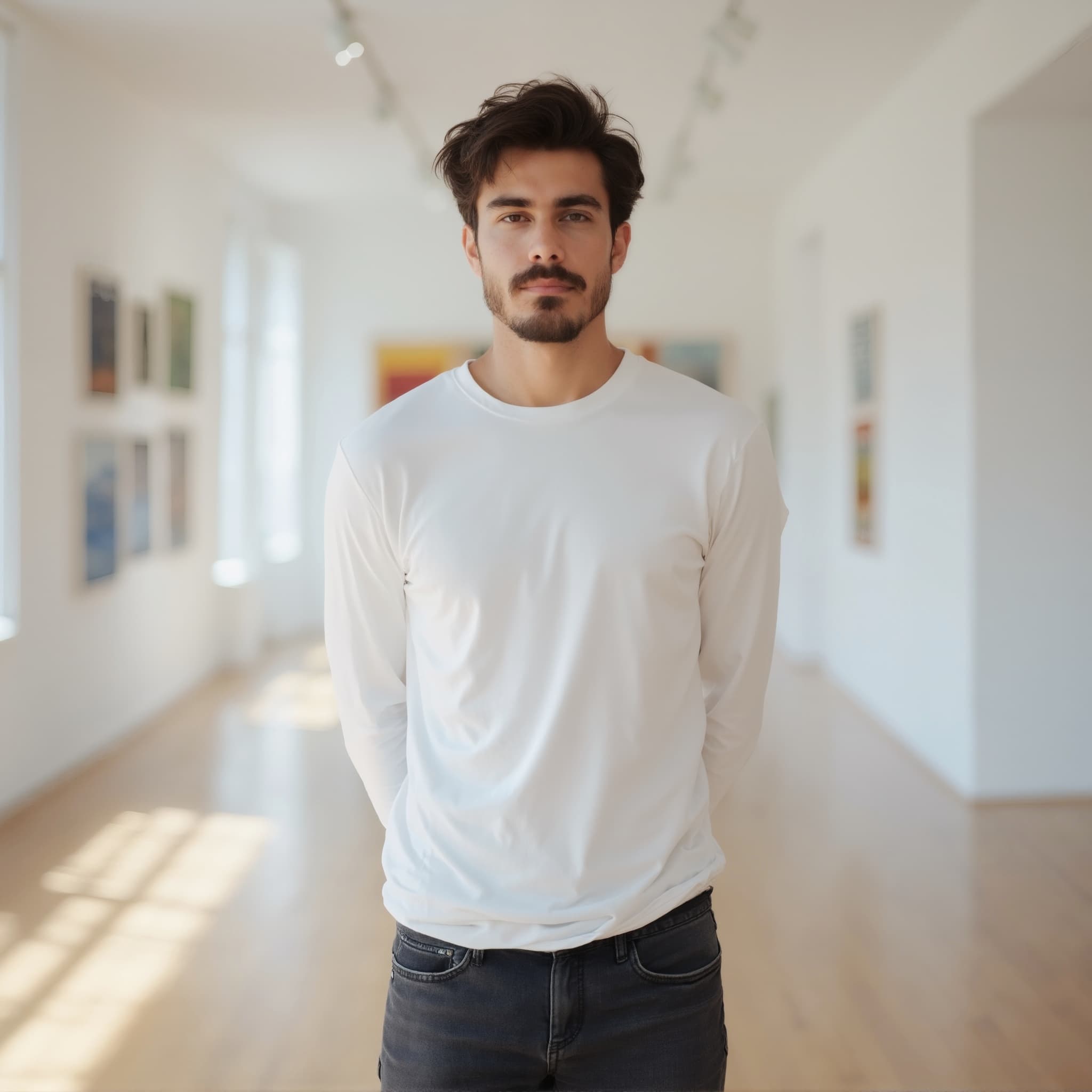 Long sleeve tee mockup a man stands with hands behind back in an art gallery