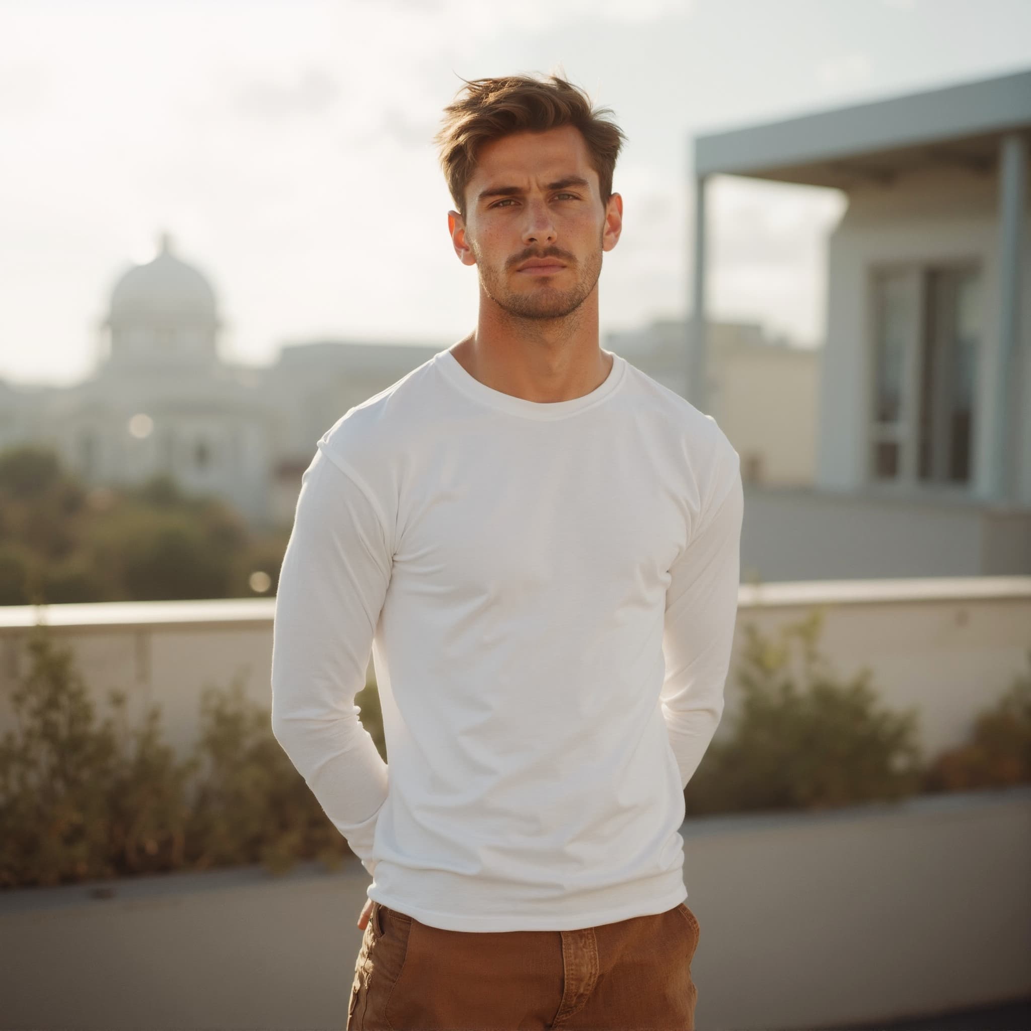 Long sleeve tee mockup a man stands with hands behind back on a rooftop 01