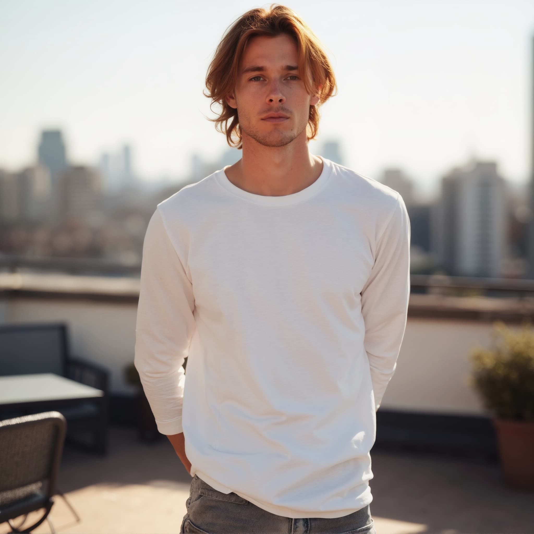 Long sleeve tee mockup a man stands with hands behind back on a rooftop