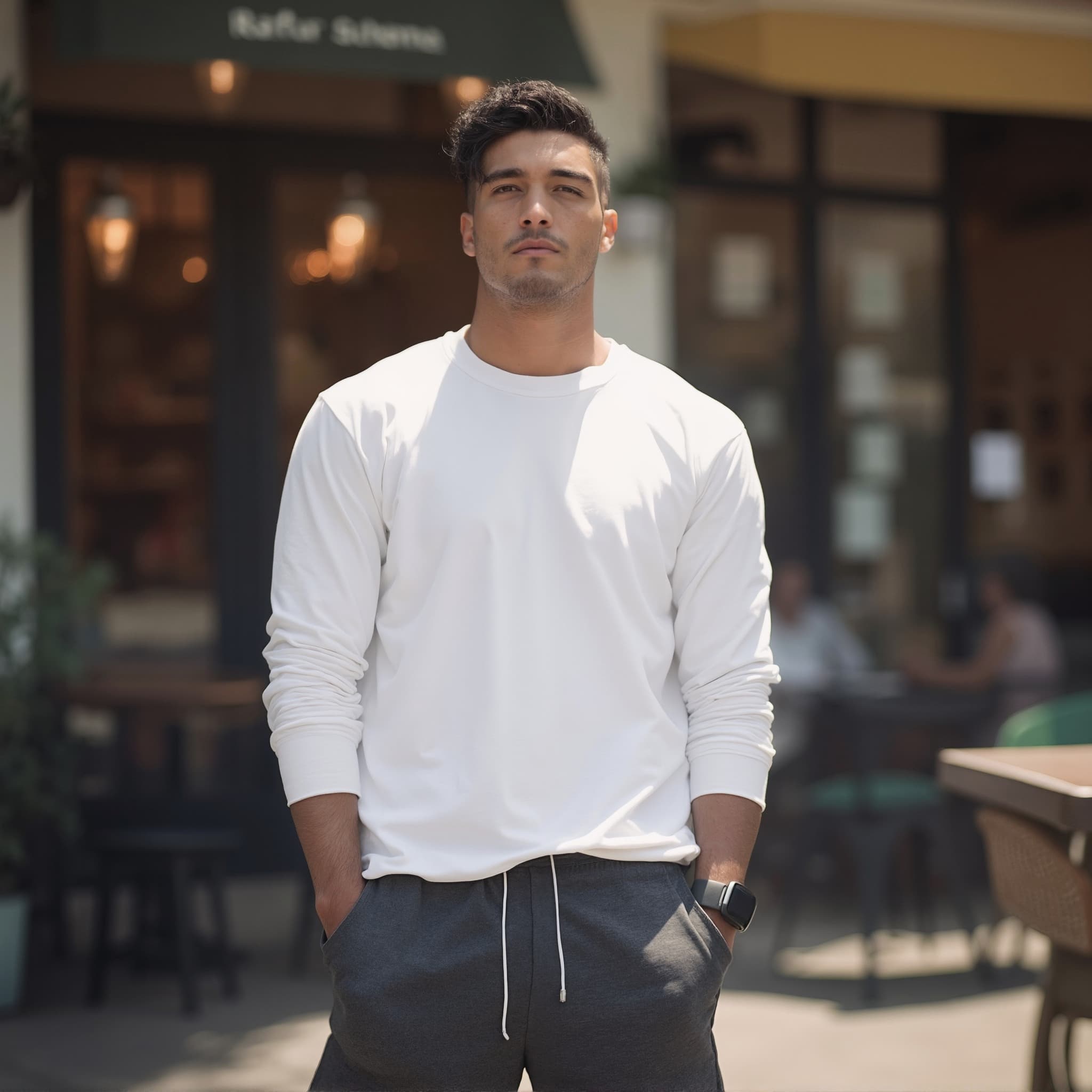 Long sleeve tee mockup a man stands with hands in pockets at a café