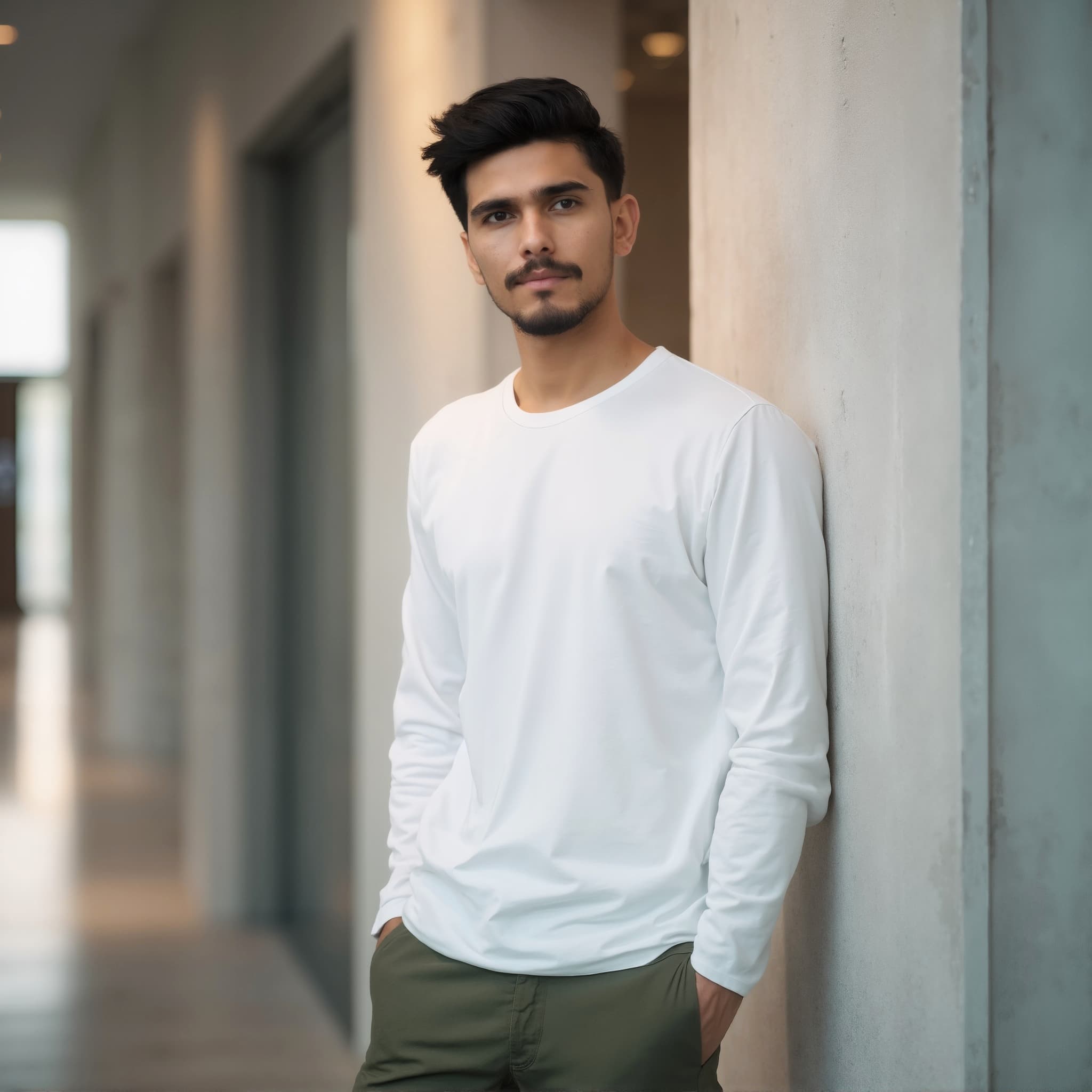Long sleeve tee mockup a man stands with hands in pockets at a hallway