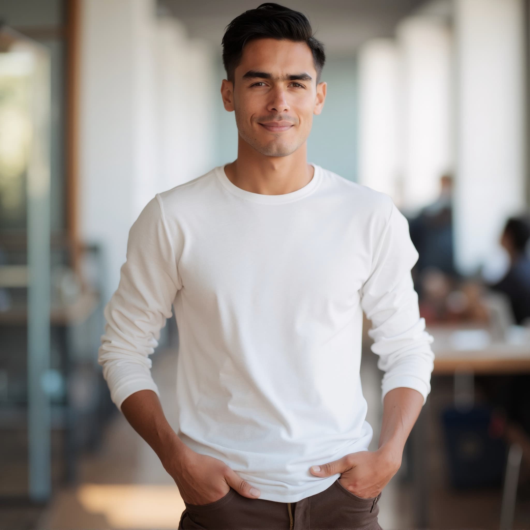 Long sleeve tee mockup a man stands with hands in pockets at an office