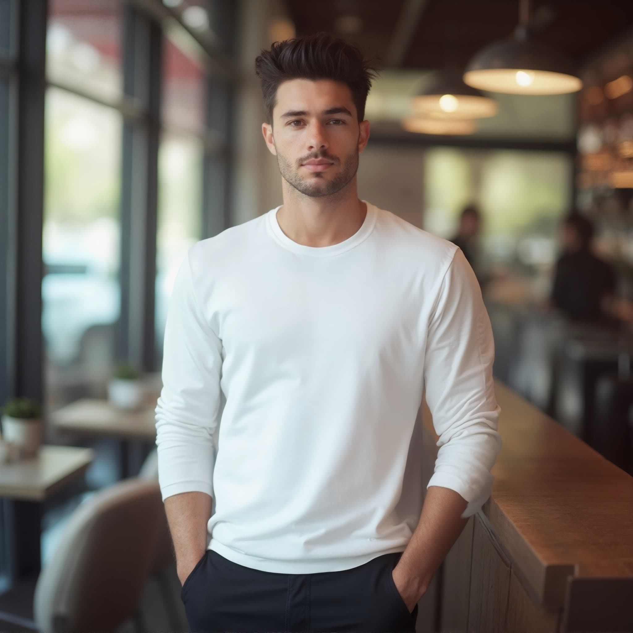Long sleeve tee mockup a man stands with hands in pockets cafe scen 1