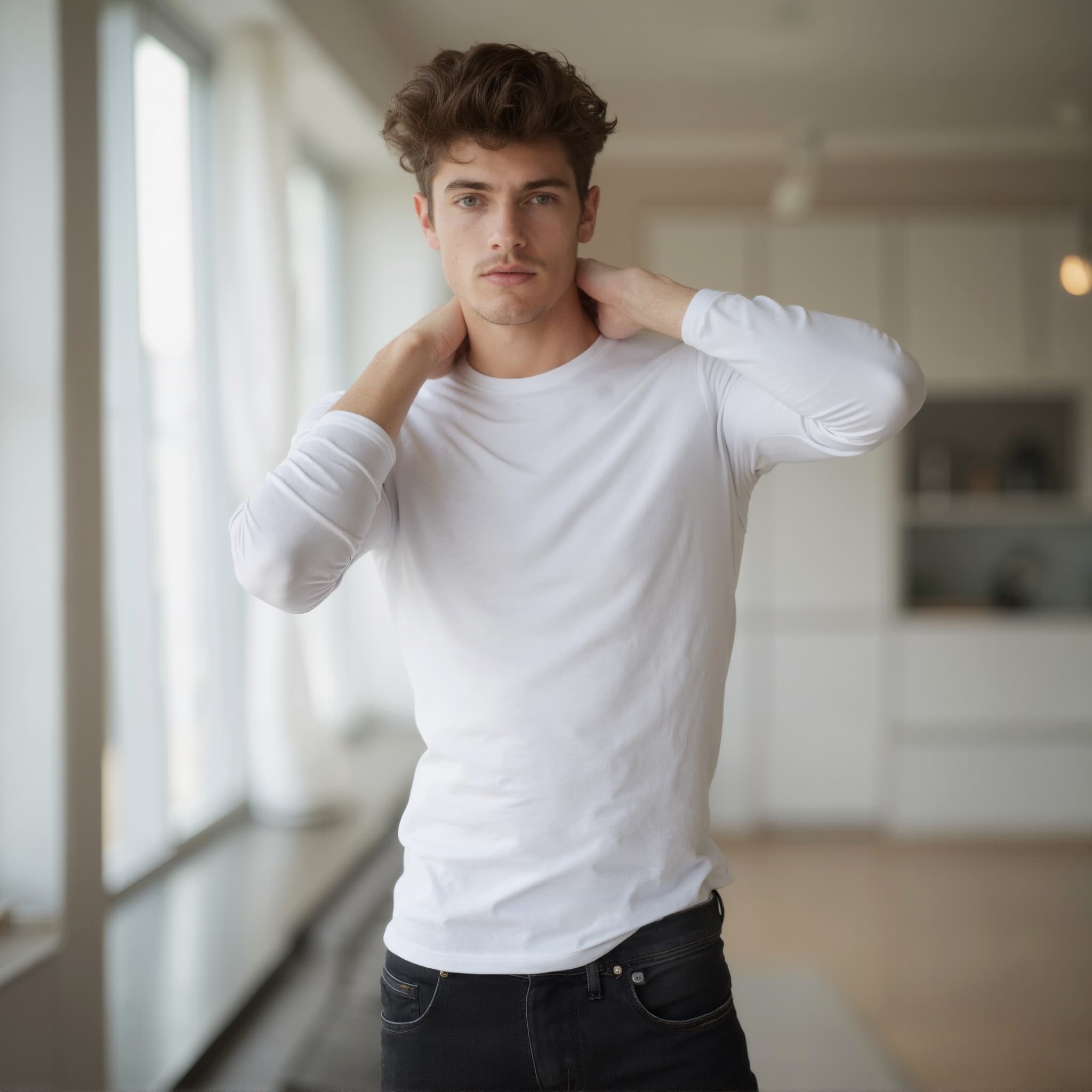 Long sleeve tee mockup a man holds his neck in a room