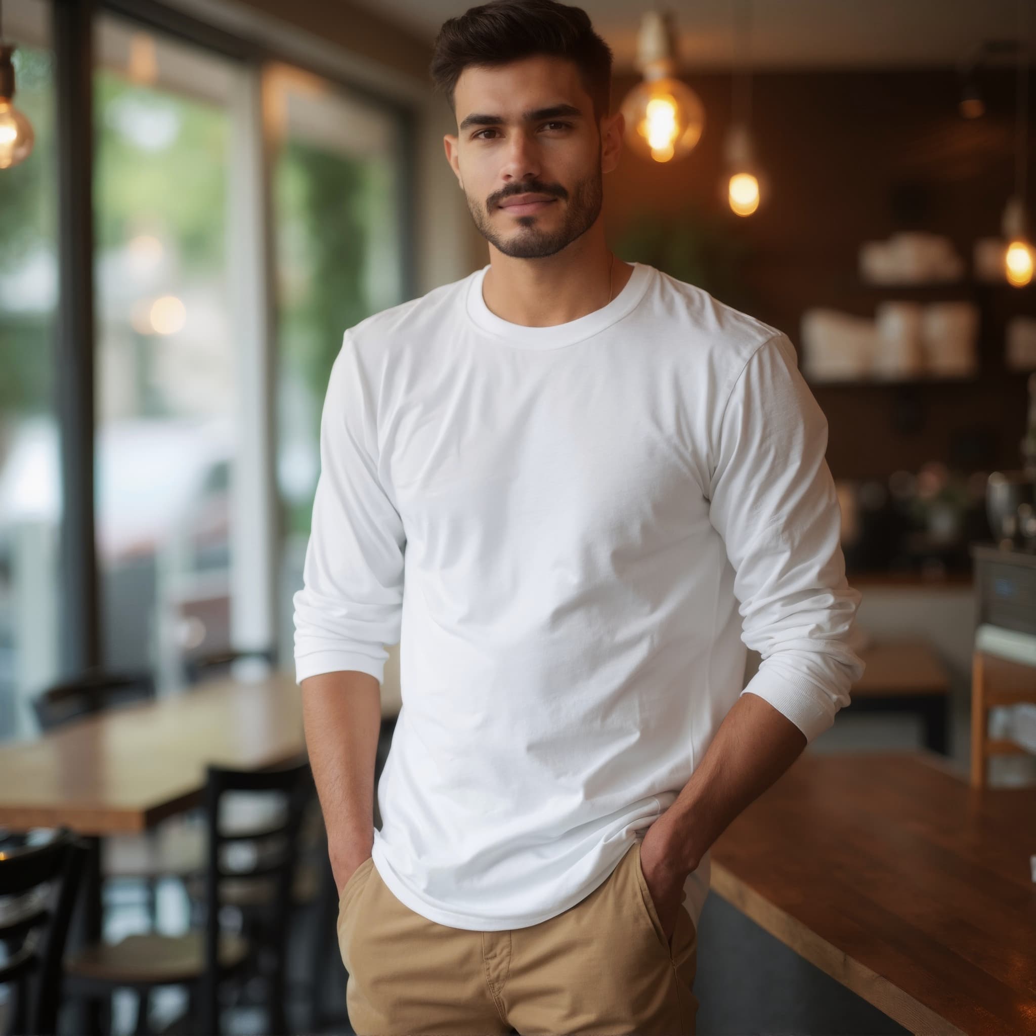 Long sleeve tee mockup a man stands with hands in pockets cafe scene