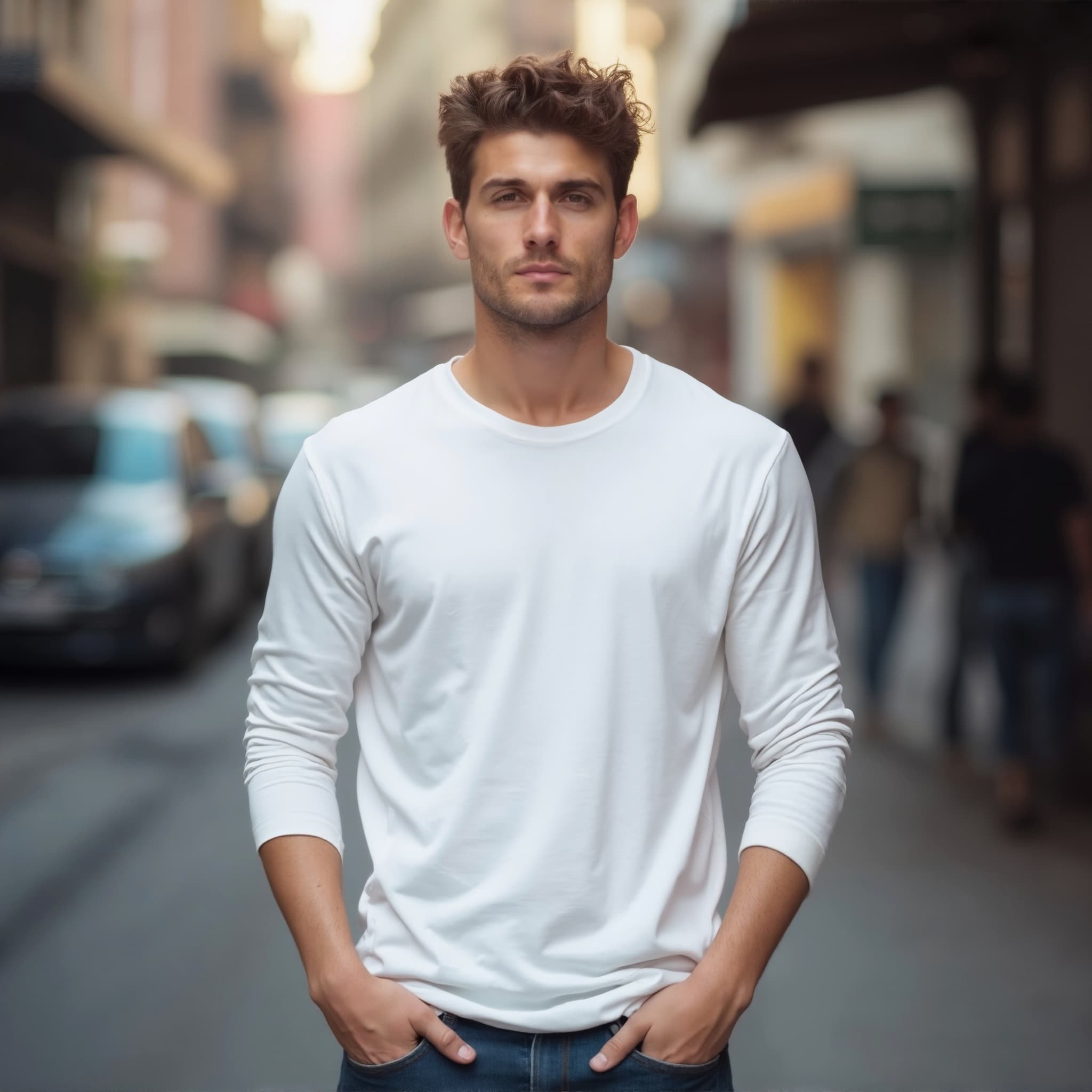 Long sleeve tee mockup a man stands with hands in pockets city street