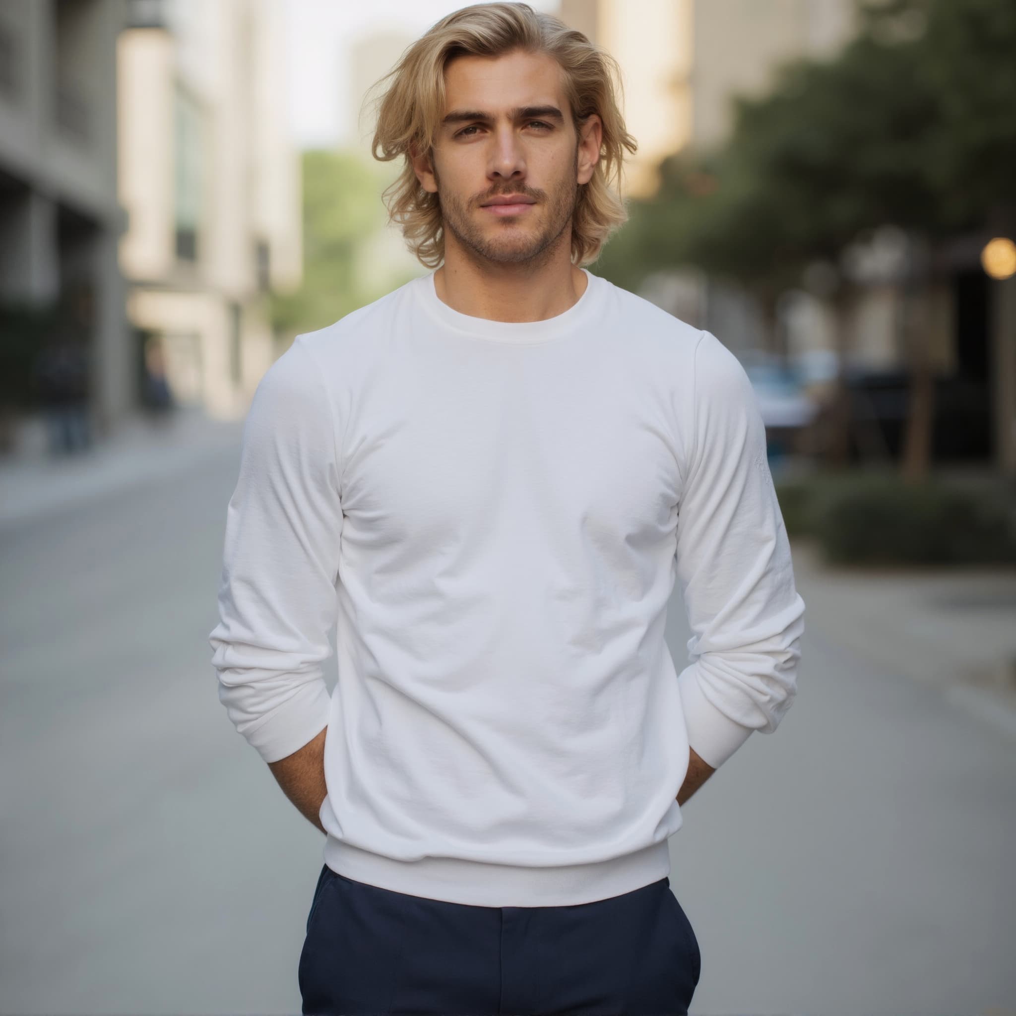 Long sleeve tee mockup a man stands with hands in pockets downtown street
