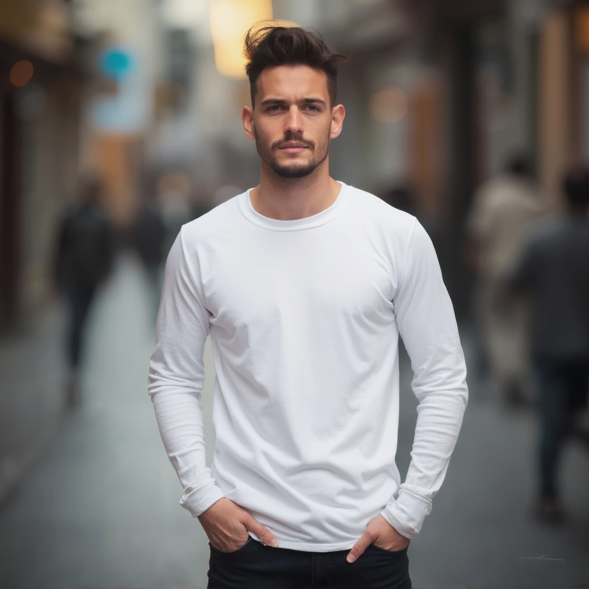 Long sleeve tee mockup a man stands with hands in pockets downtown