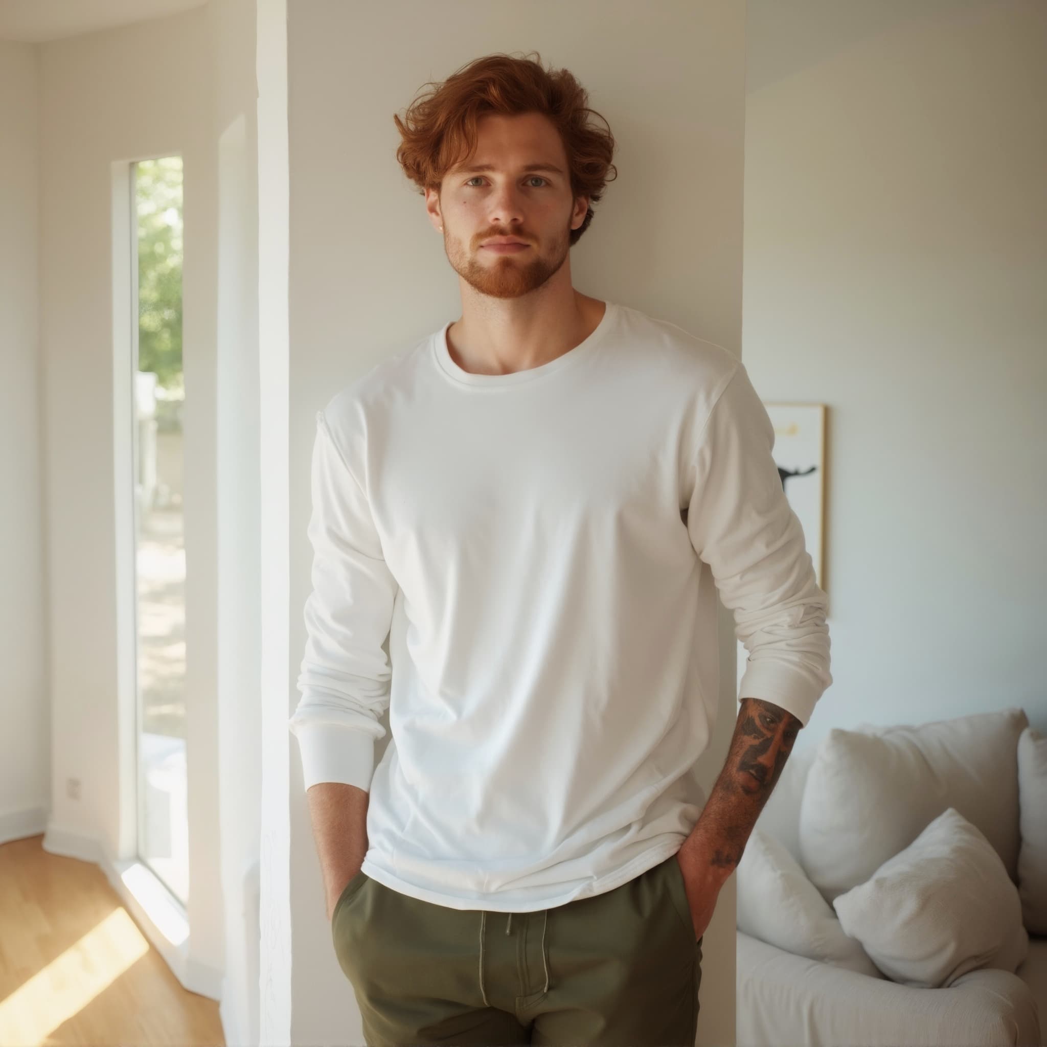 Long sleeve tee mockup a man stands with hands in pockets in a bright room 01