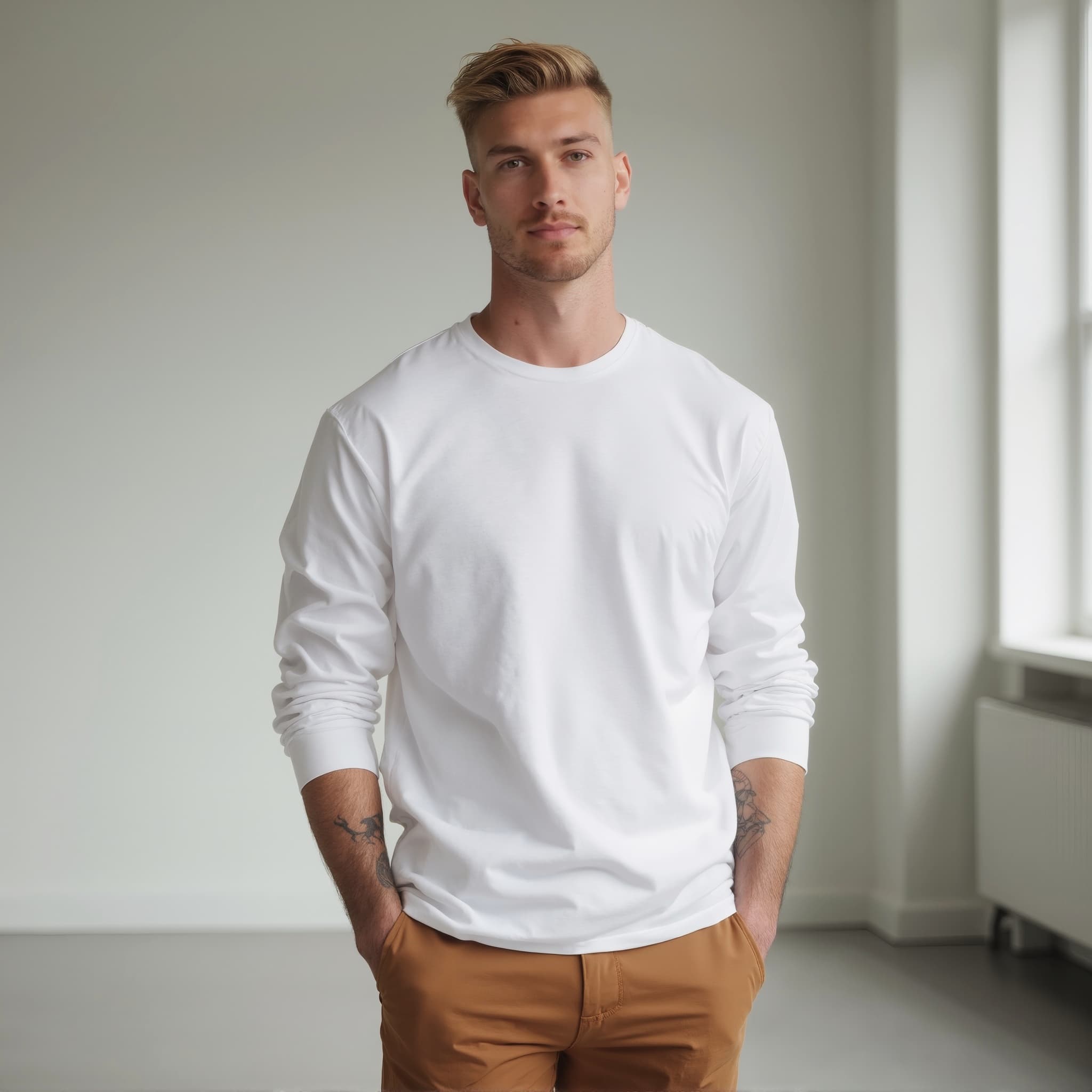 Long sleeve tee mockup a man stands with hands in pockets in a bright room 02