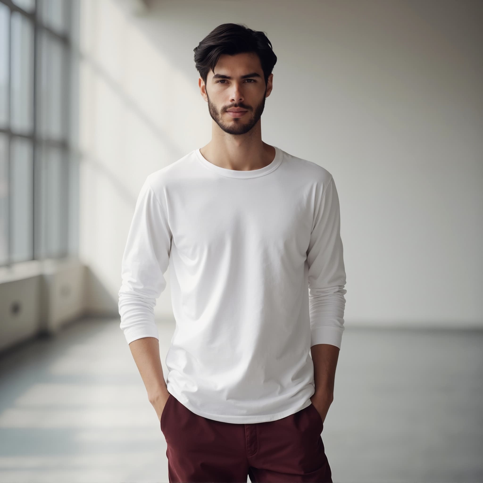 Long sleeve tee mockup a man stands with hands in pockets in a bright room 1