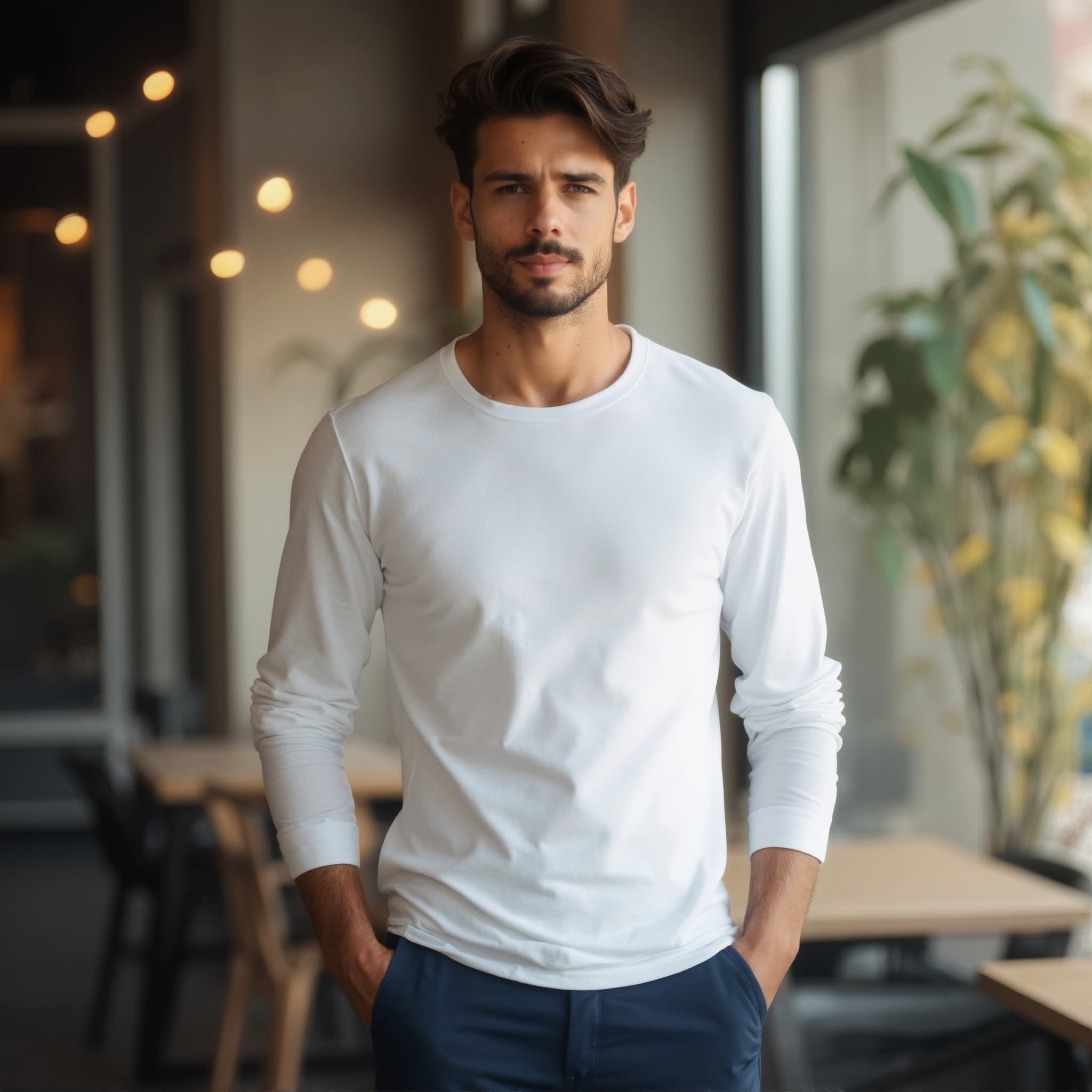 Long sleeve tee mockup a man stands with hands in pockets in a café 01
