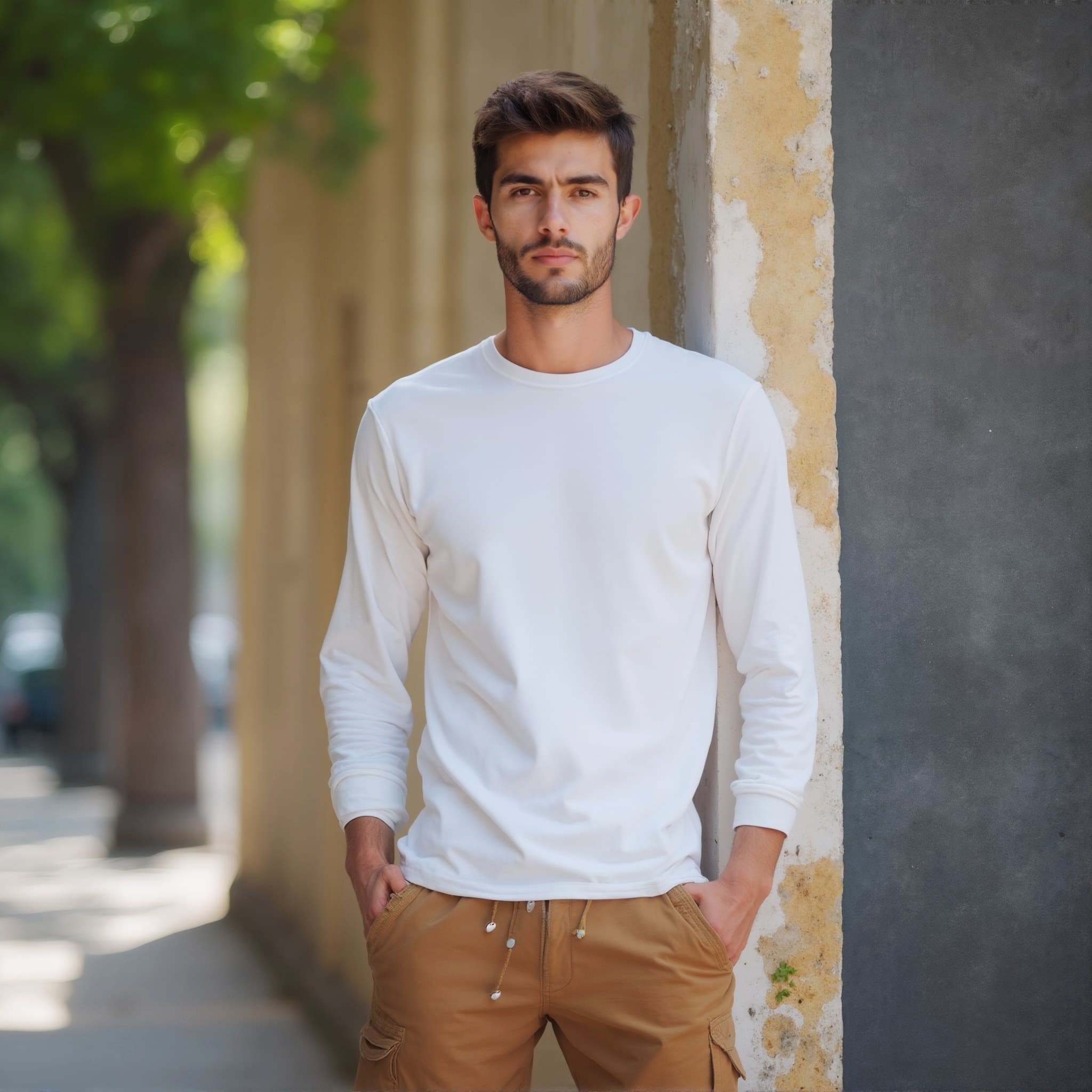 Long sleeve tee mockup a man leans against a wall in a city