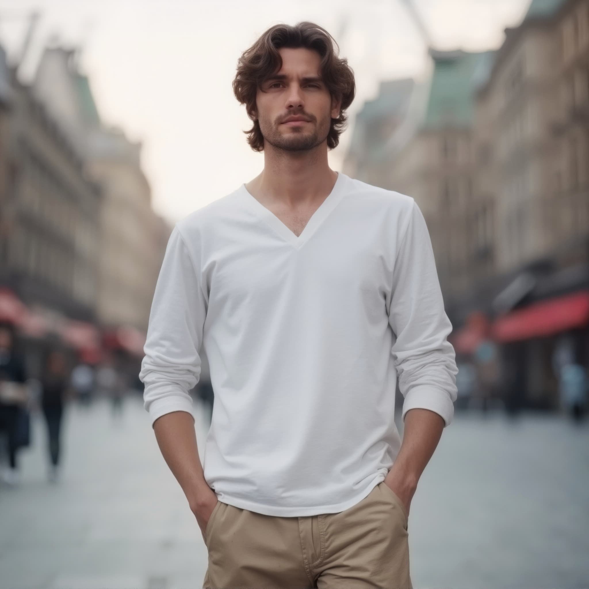Long sleeve tee mockup a man stands with hands in pockets in a city street