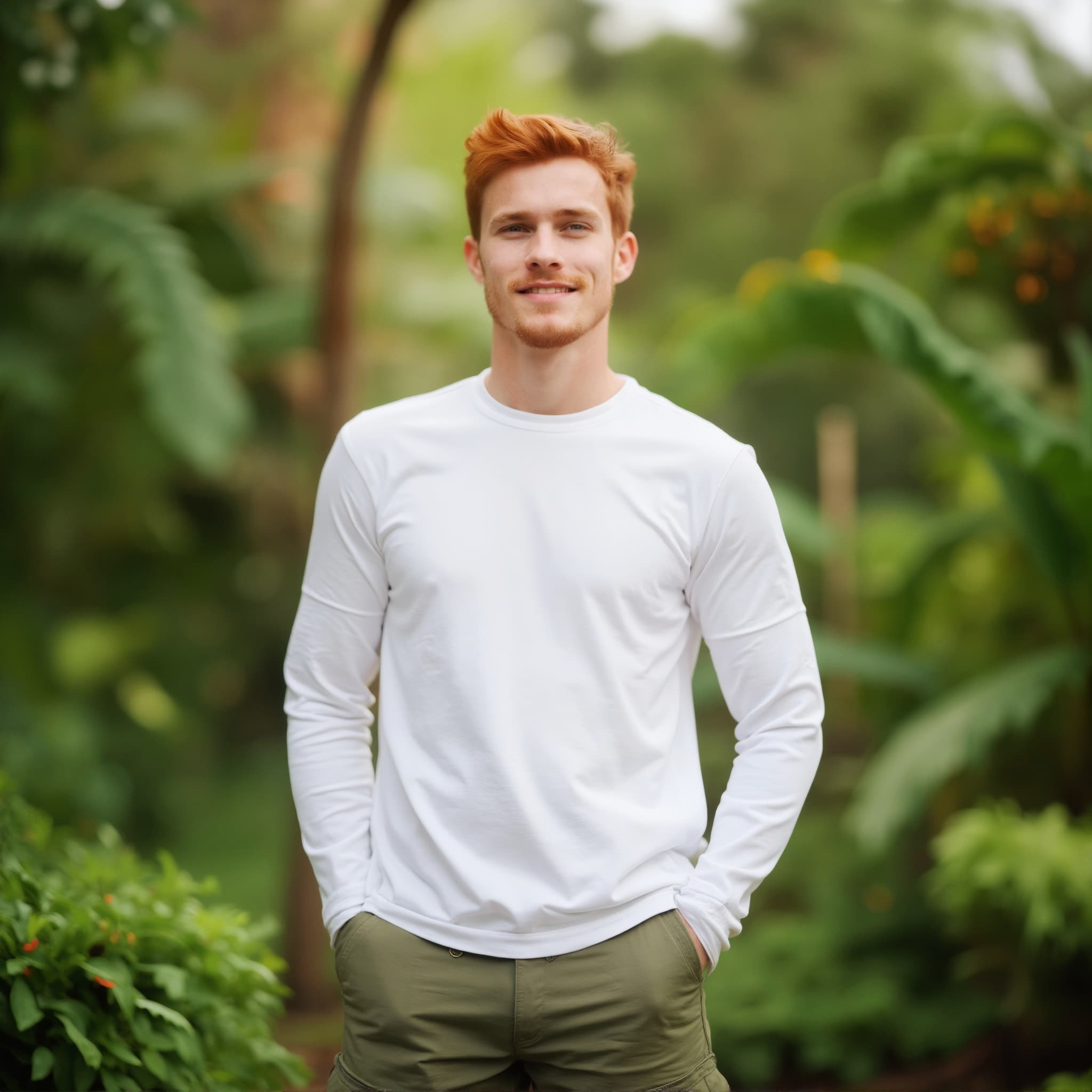 Long sleeve tee mockup a man stands with hands in pockets in a garden