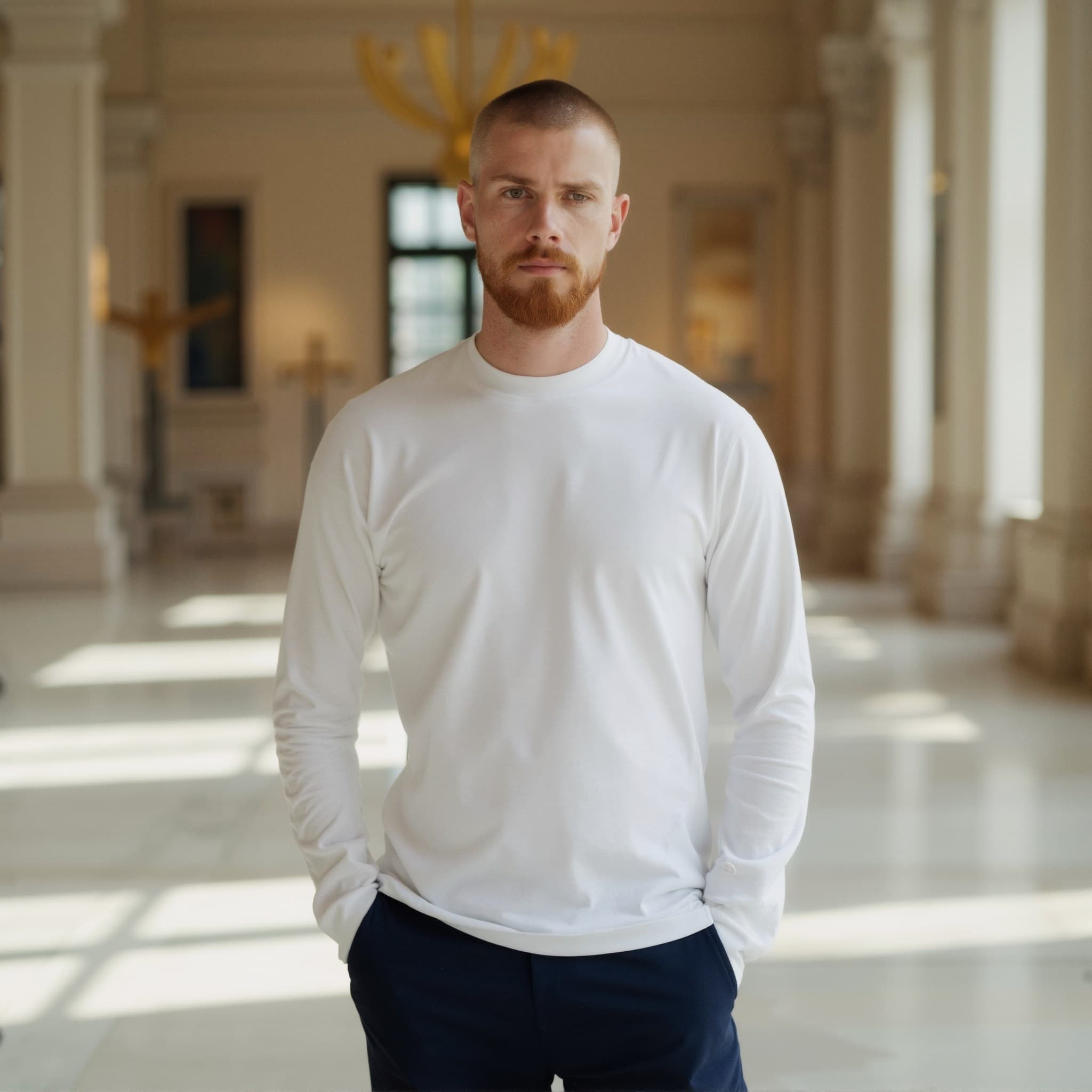 Long sleeve tee mockup a man stands with hands in pockets in a hallway 01