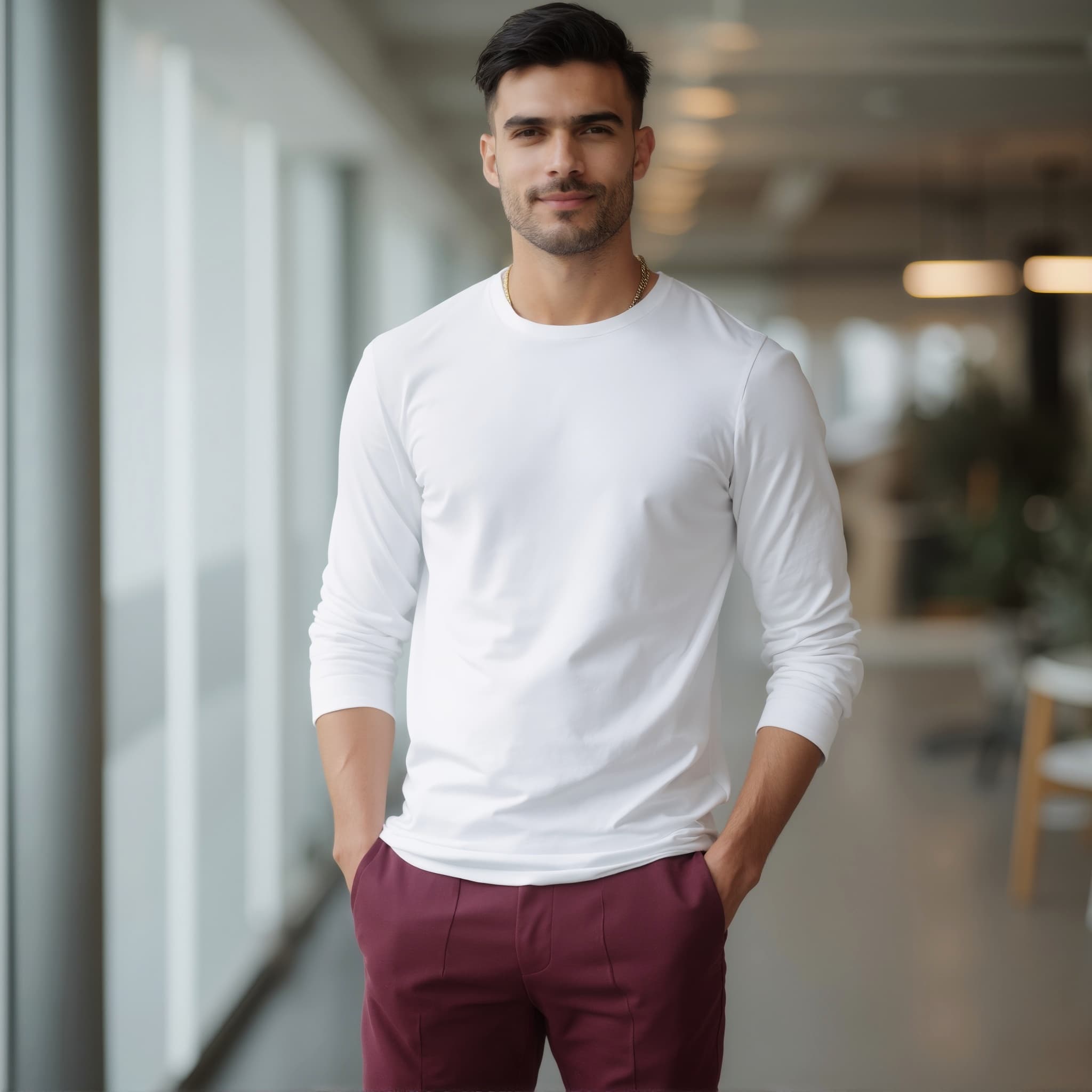 Long sleeve tee mockup a man stands with hands in pockets in a hallway 1