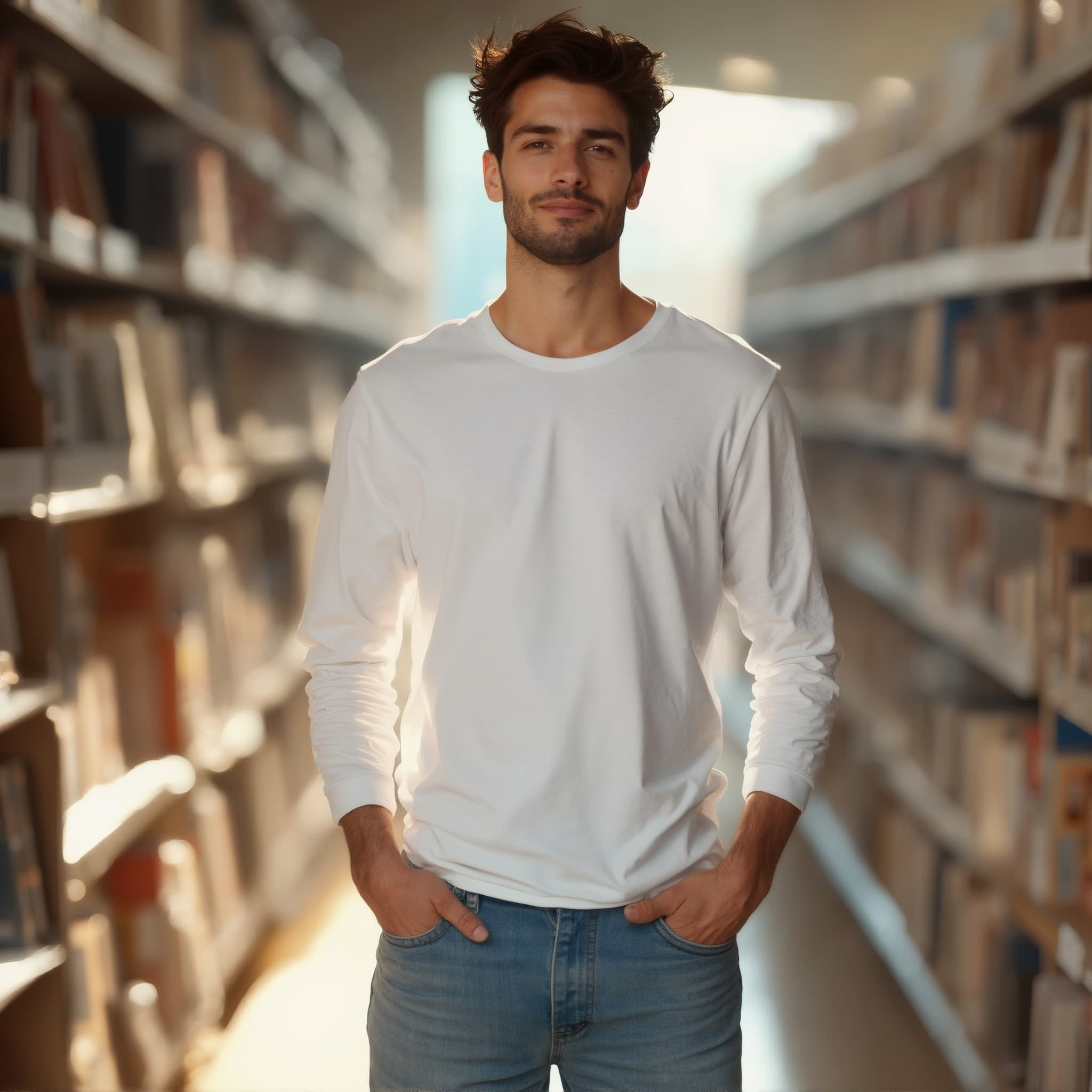Long sleeve tee mockup a man stands with hands in pockets in a library 02