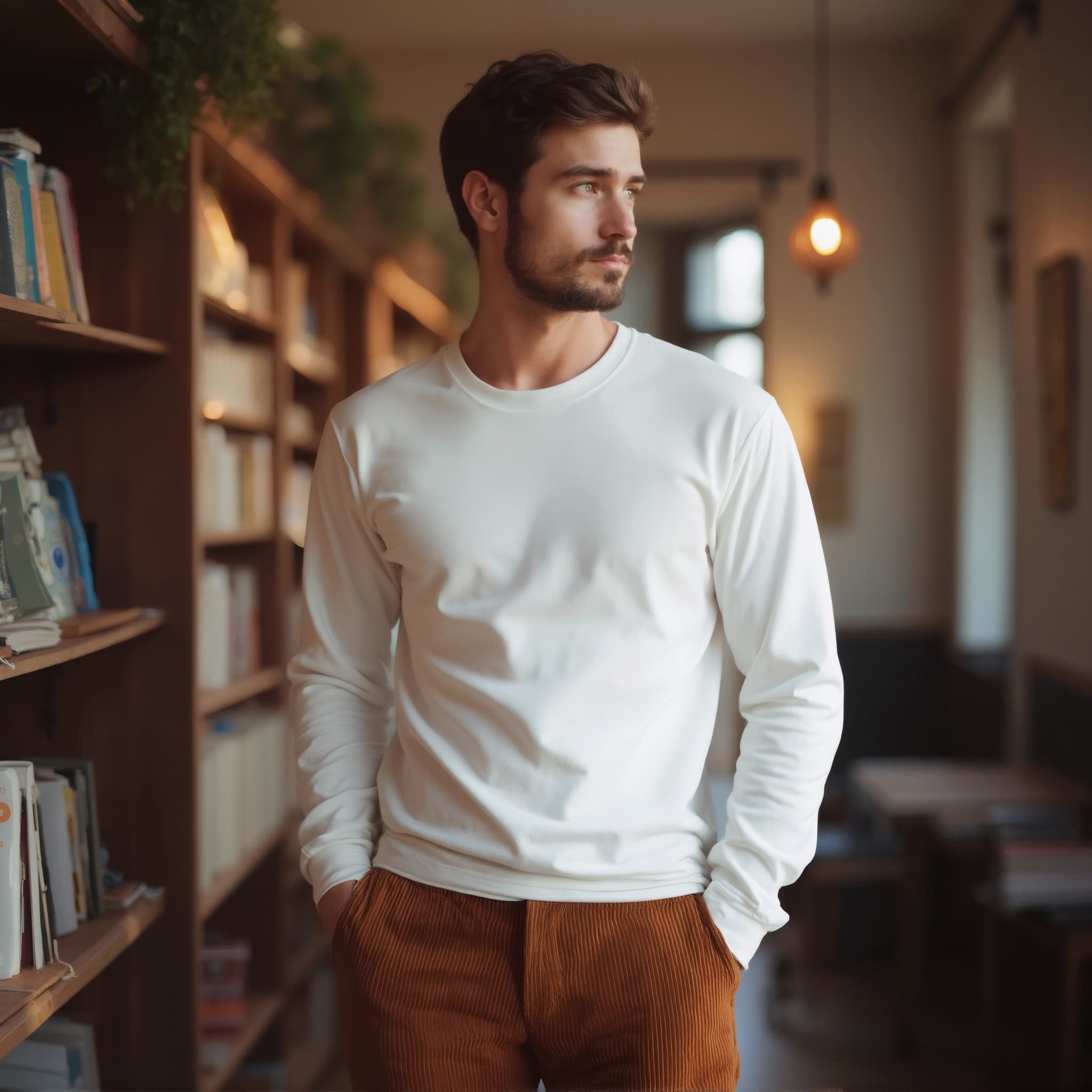 Long sleeve tee mockup a man stands with hands in pockets in a library 03