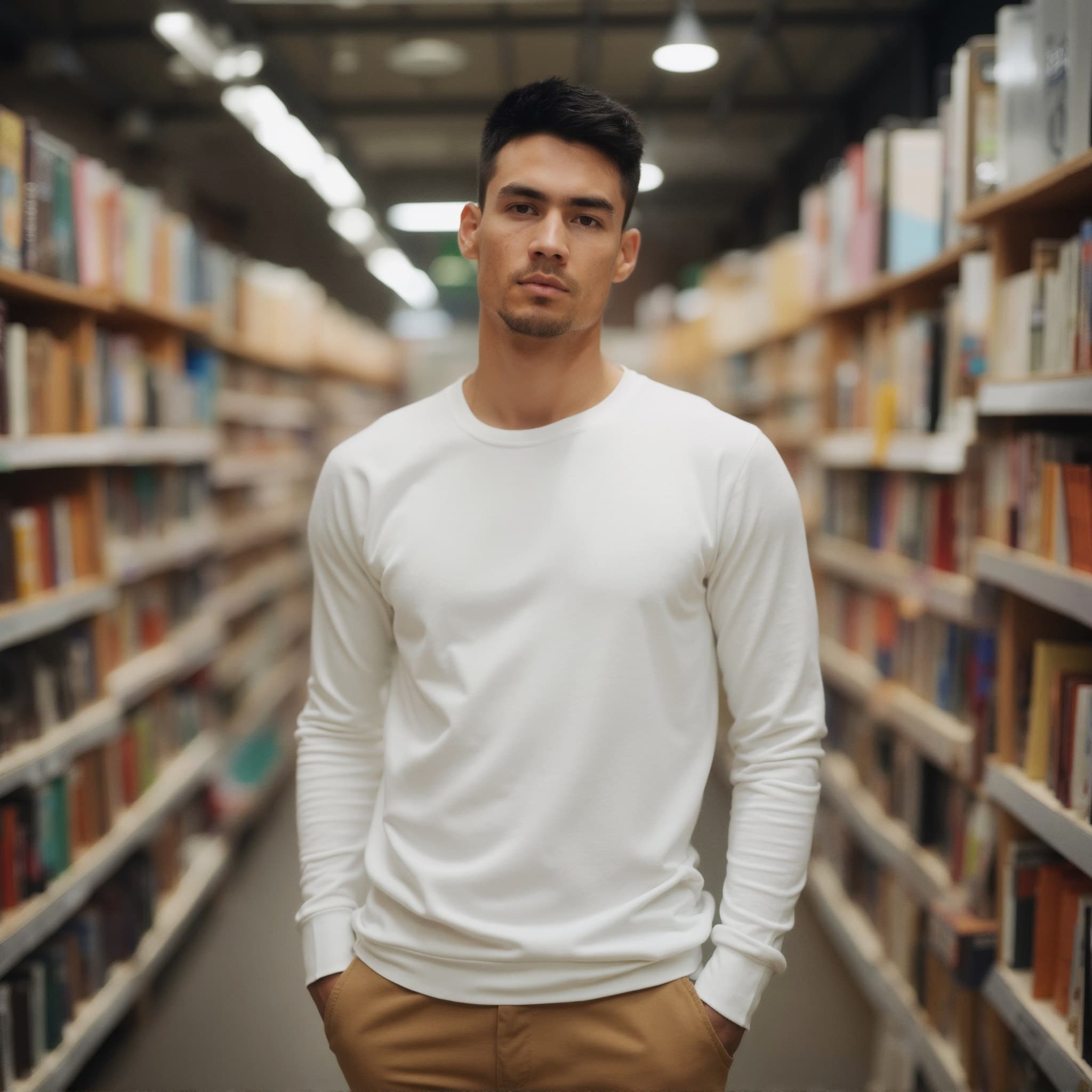 Long sleeve tee mockup a man stands with hands in pockets in a library 1