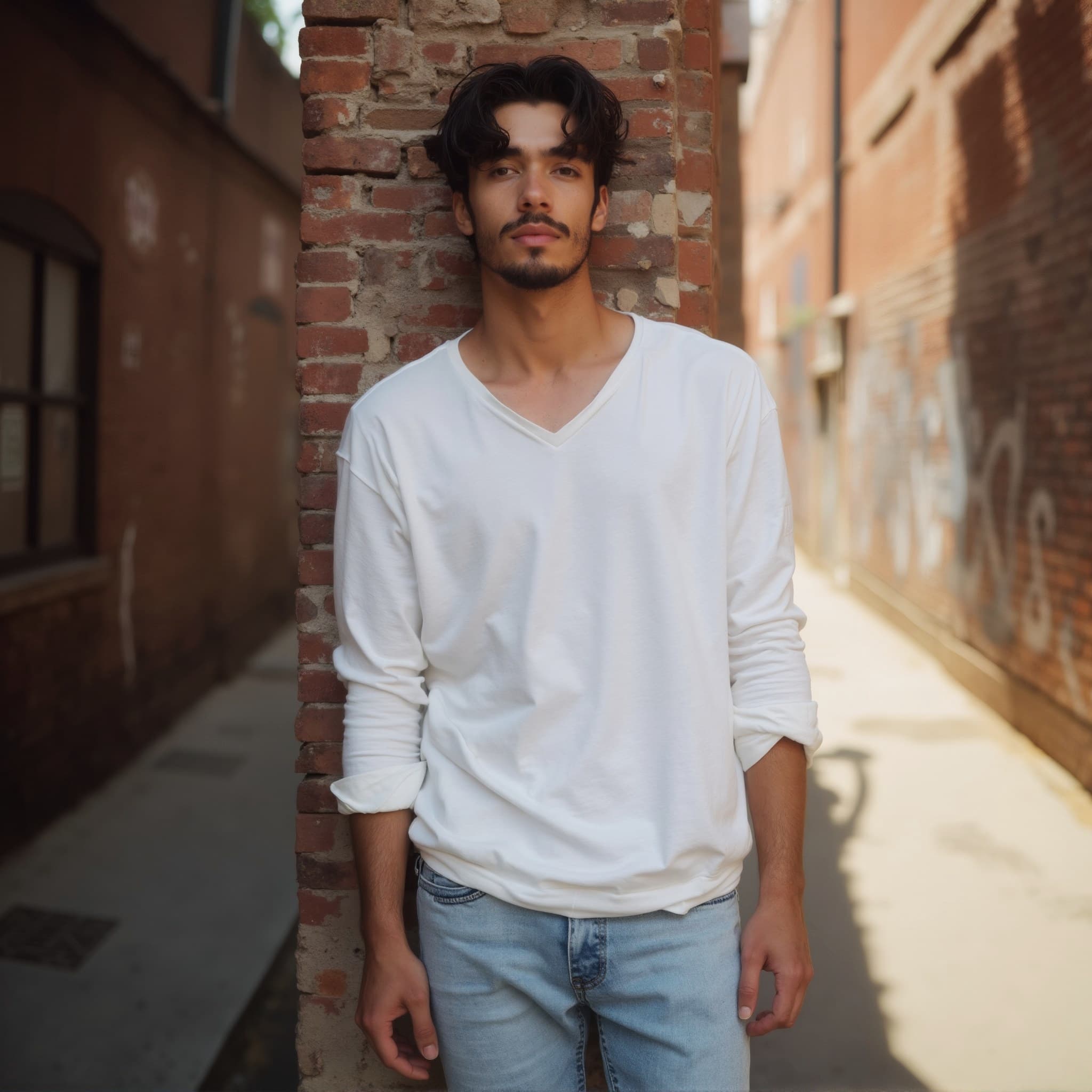 Long sleeve tee mockup a man leans against a wall in an alley