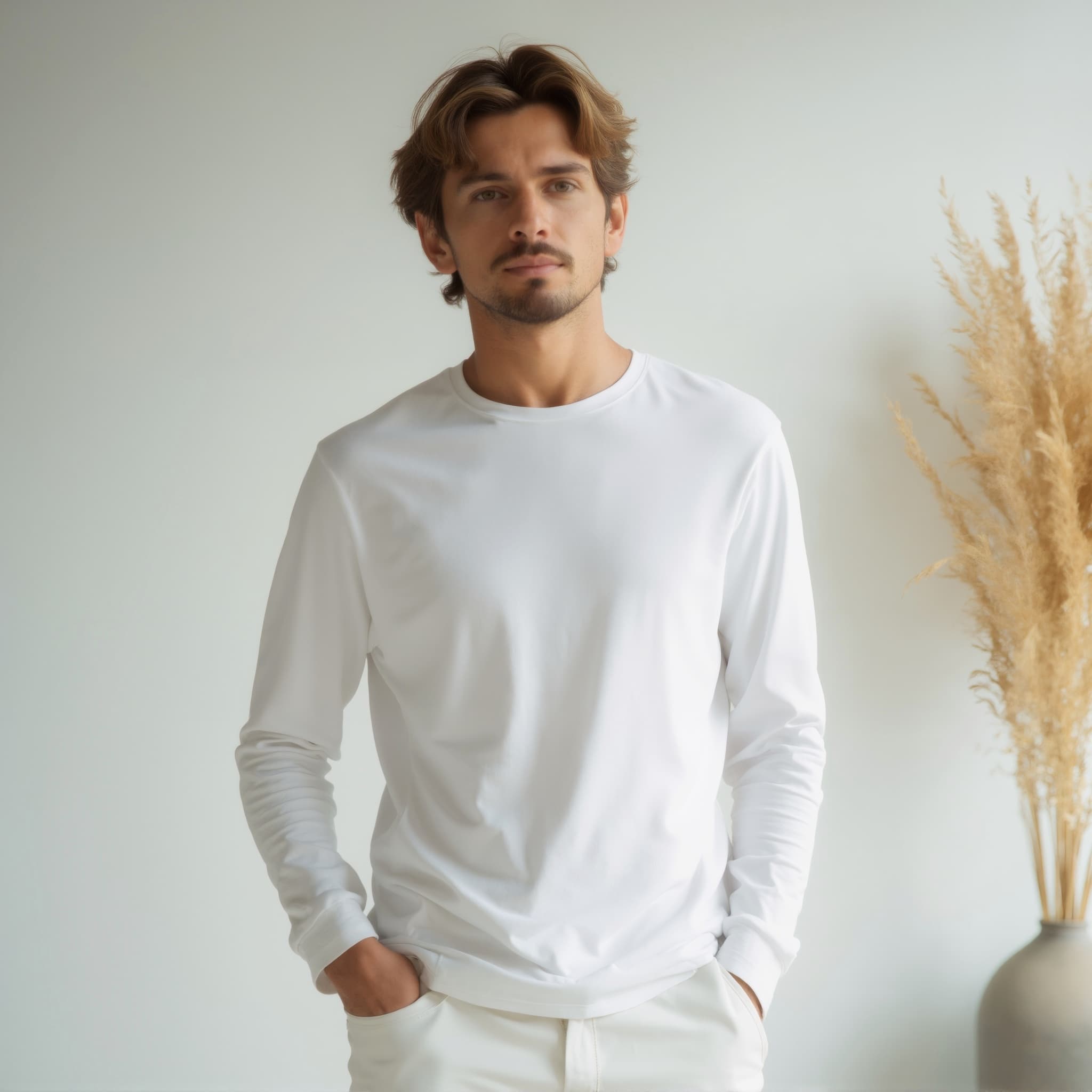 Long sleeve tee mockup a man stands with hands in pockets in a minimalistic room