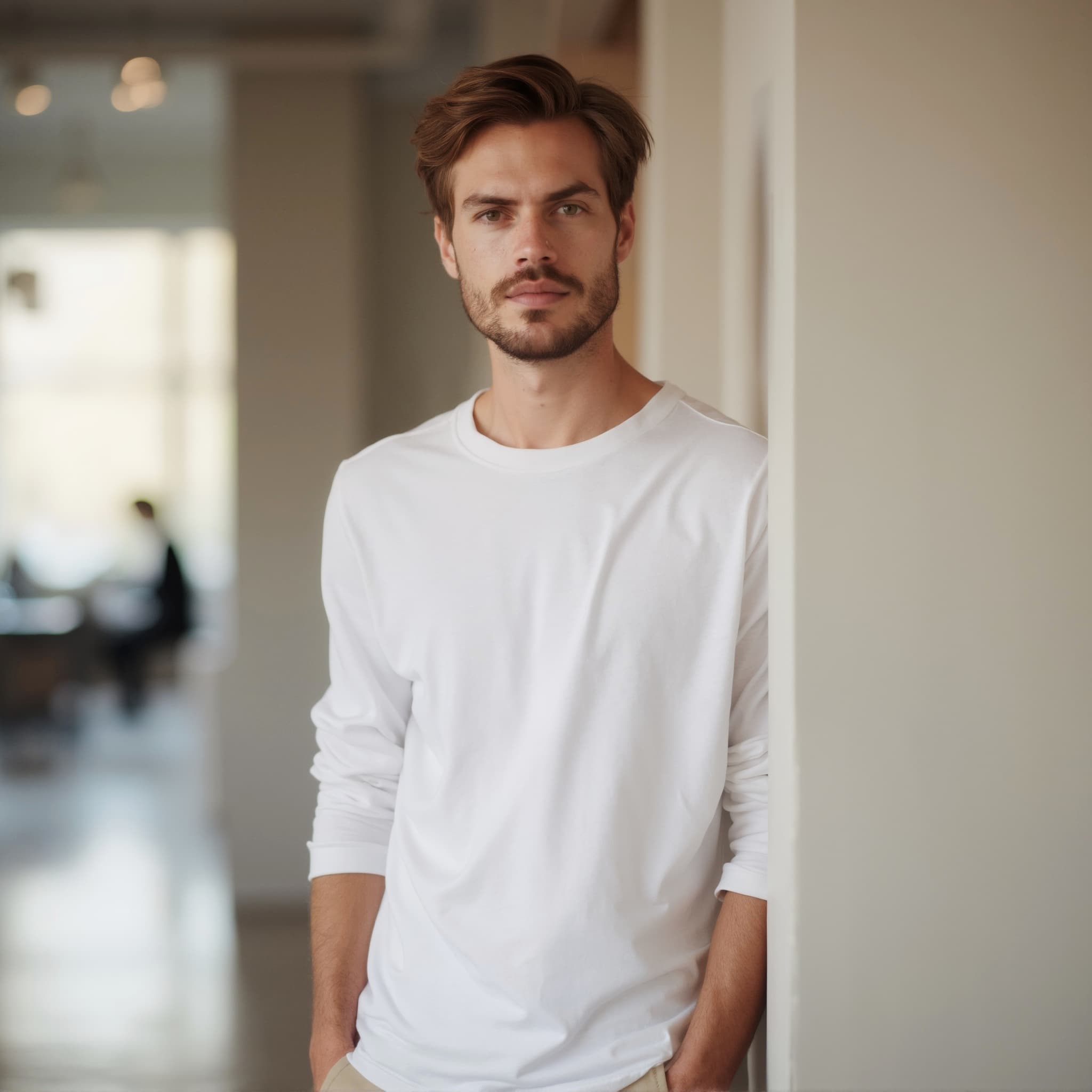 Long sleeve tee mockup a man stands with hands in pockets in a modern space