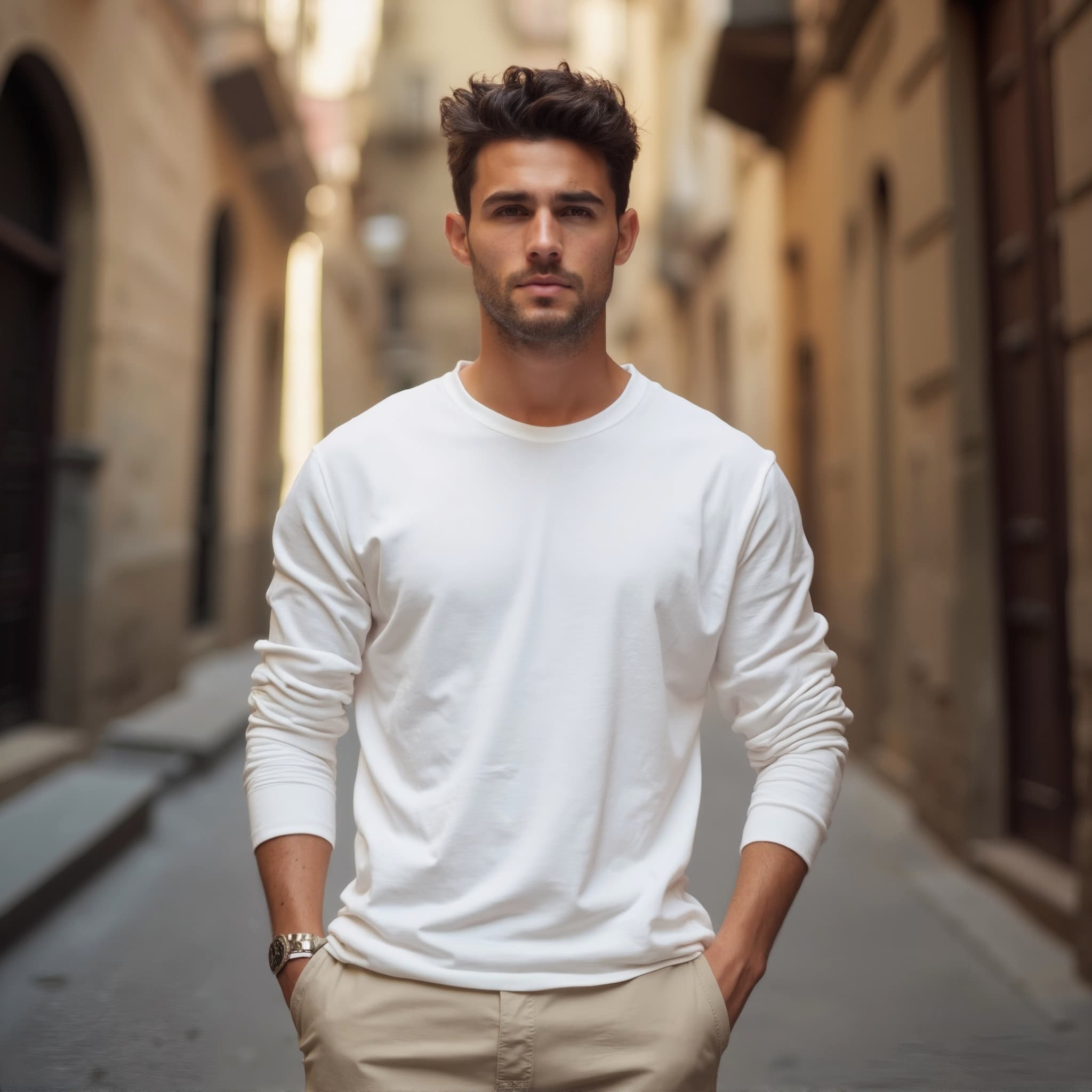 Long sleeve tee mockup a man stands with hands in pockets in a narrow street