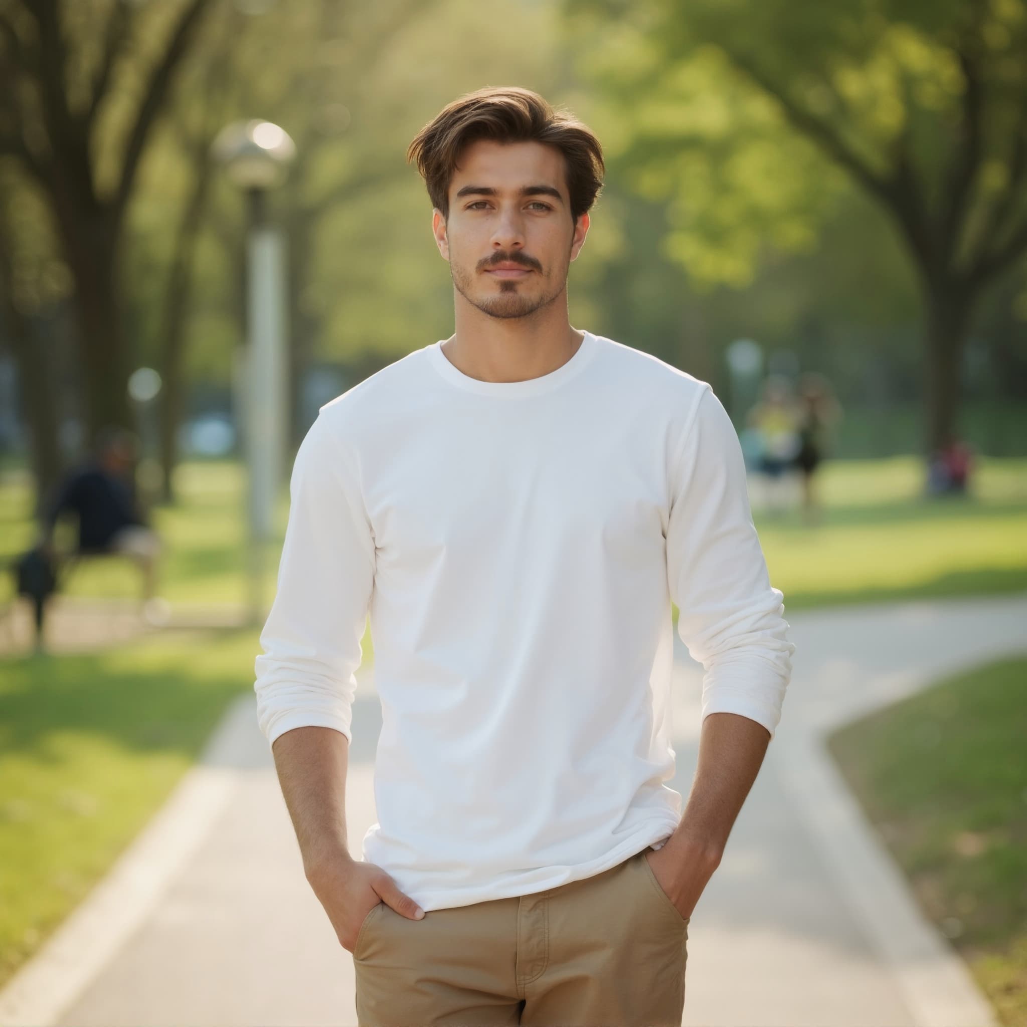 Long sleeve tee mockup a man stands with hands in pockets in a par 3
