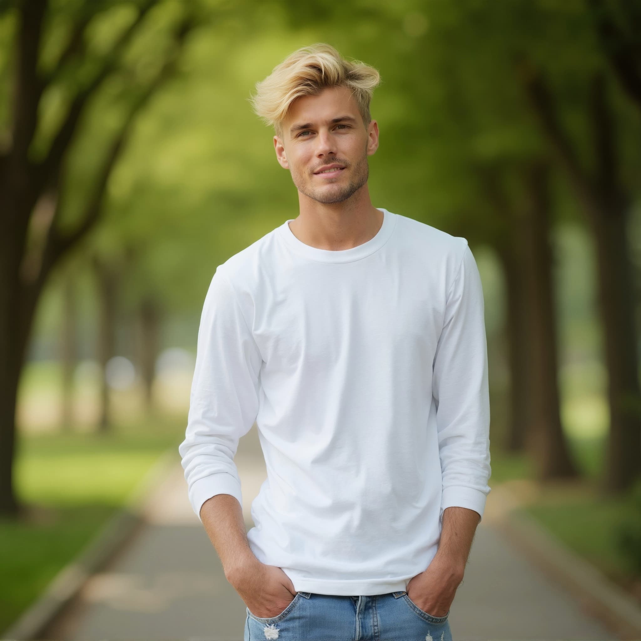 Long sleeve tee mockup a man stands with hands in pockets in a par 4