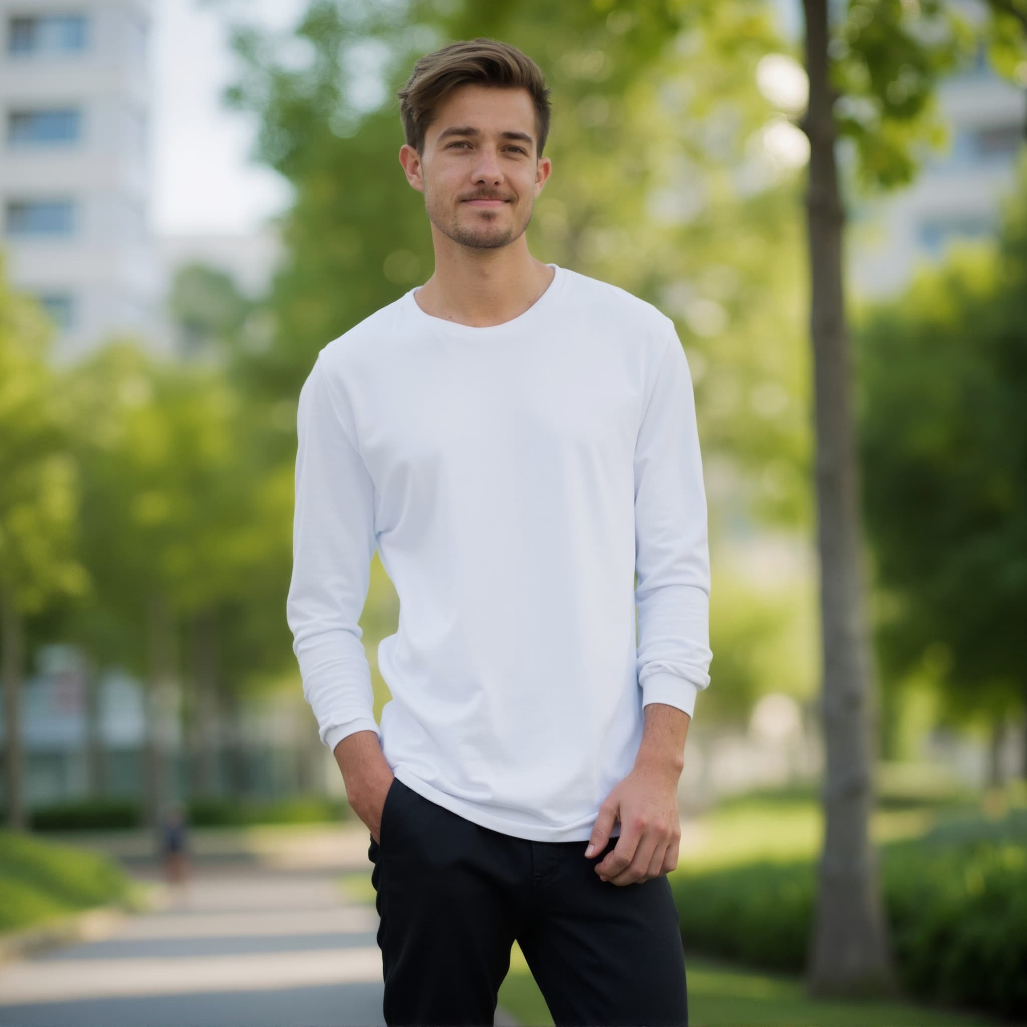Long sleeve tee mockup a man stands with hands in pockets in a park 02