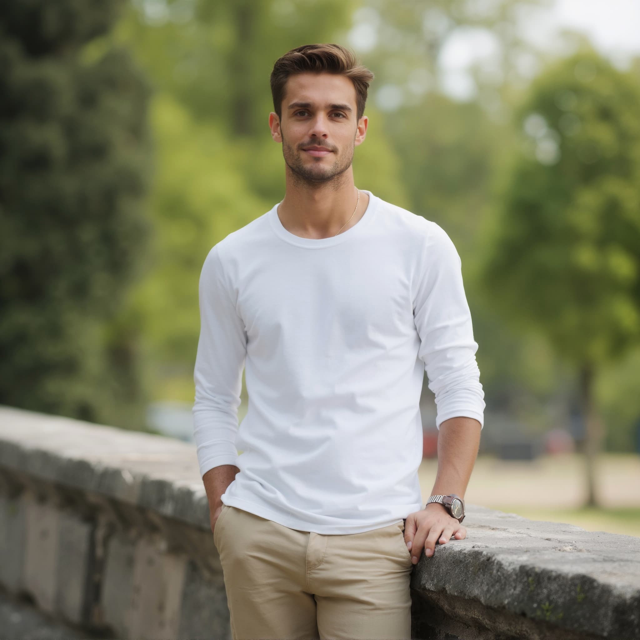 Long sleeve tee mockup a man stands with hands in pockets in a park 03