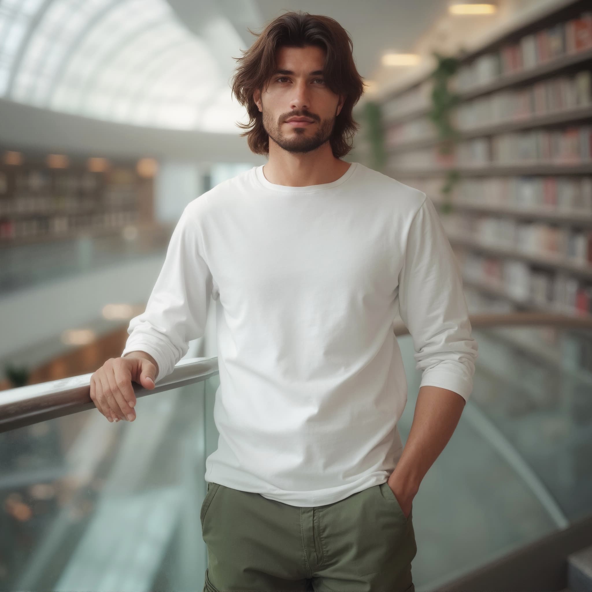 Long sleeve tee mockup a man leans on a railing in a library