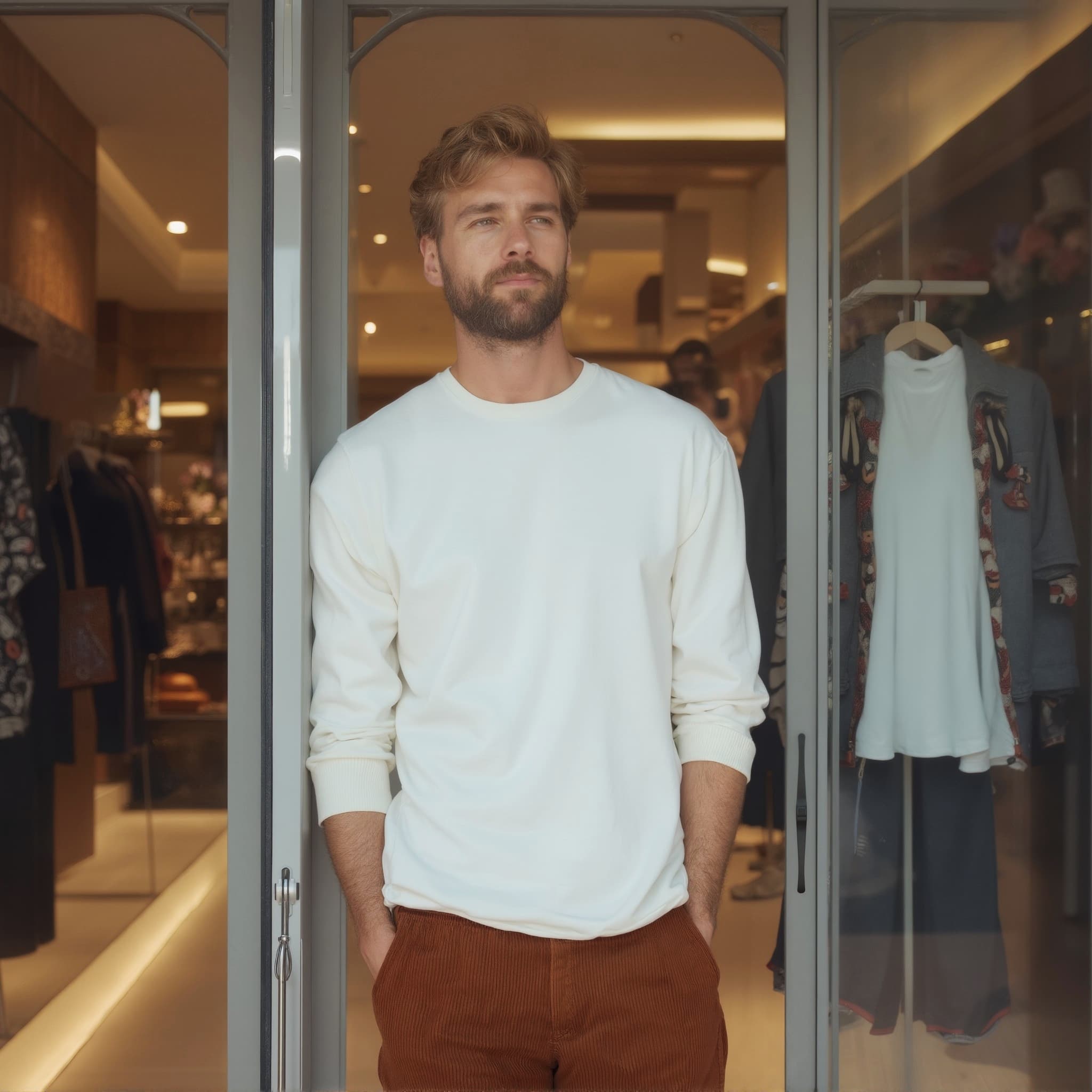 Long sleeve tee mockup a man stands with hands in pockets in a store 02
