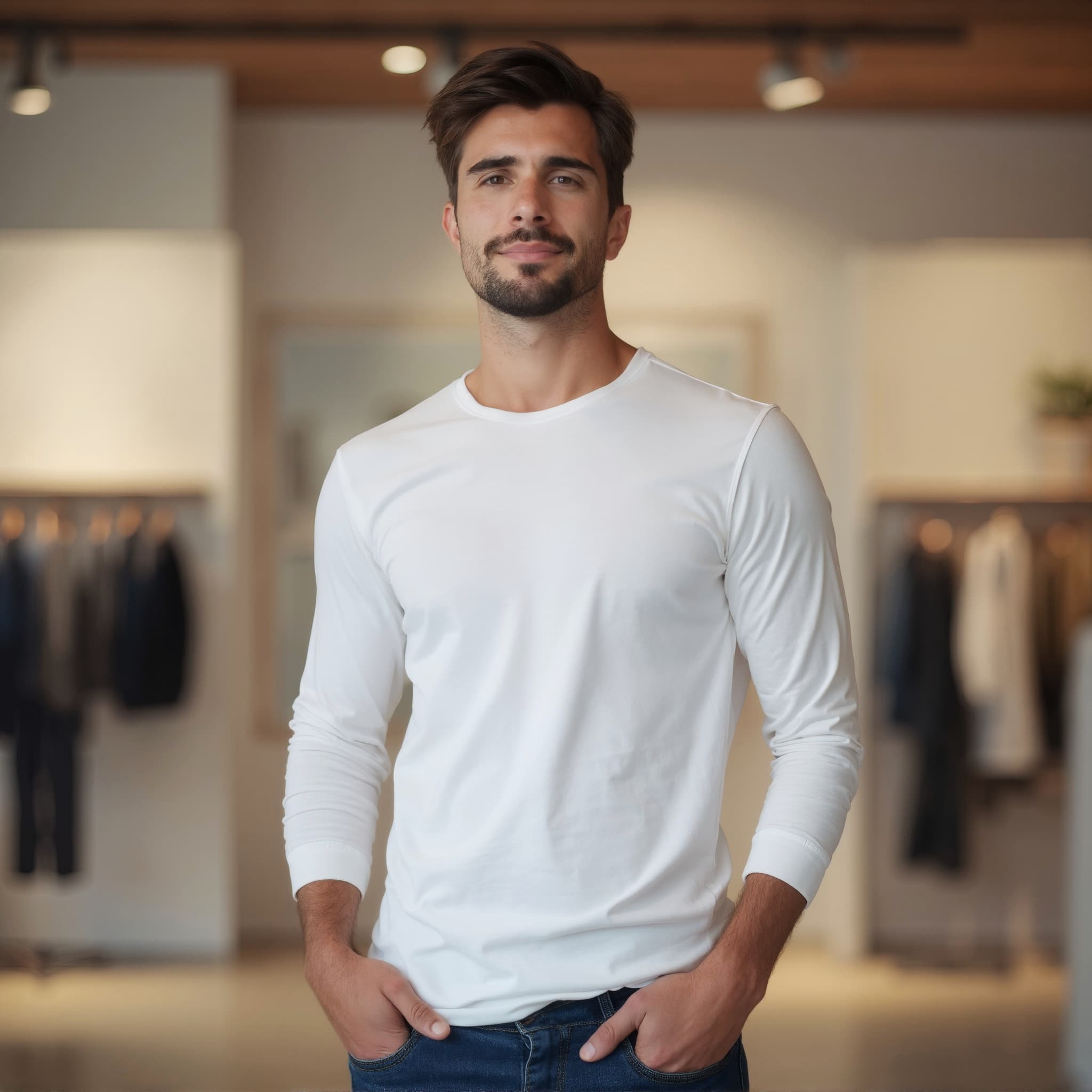 Long sleeve tee mockup a man stands with hands in pockets in a store 1