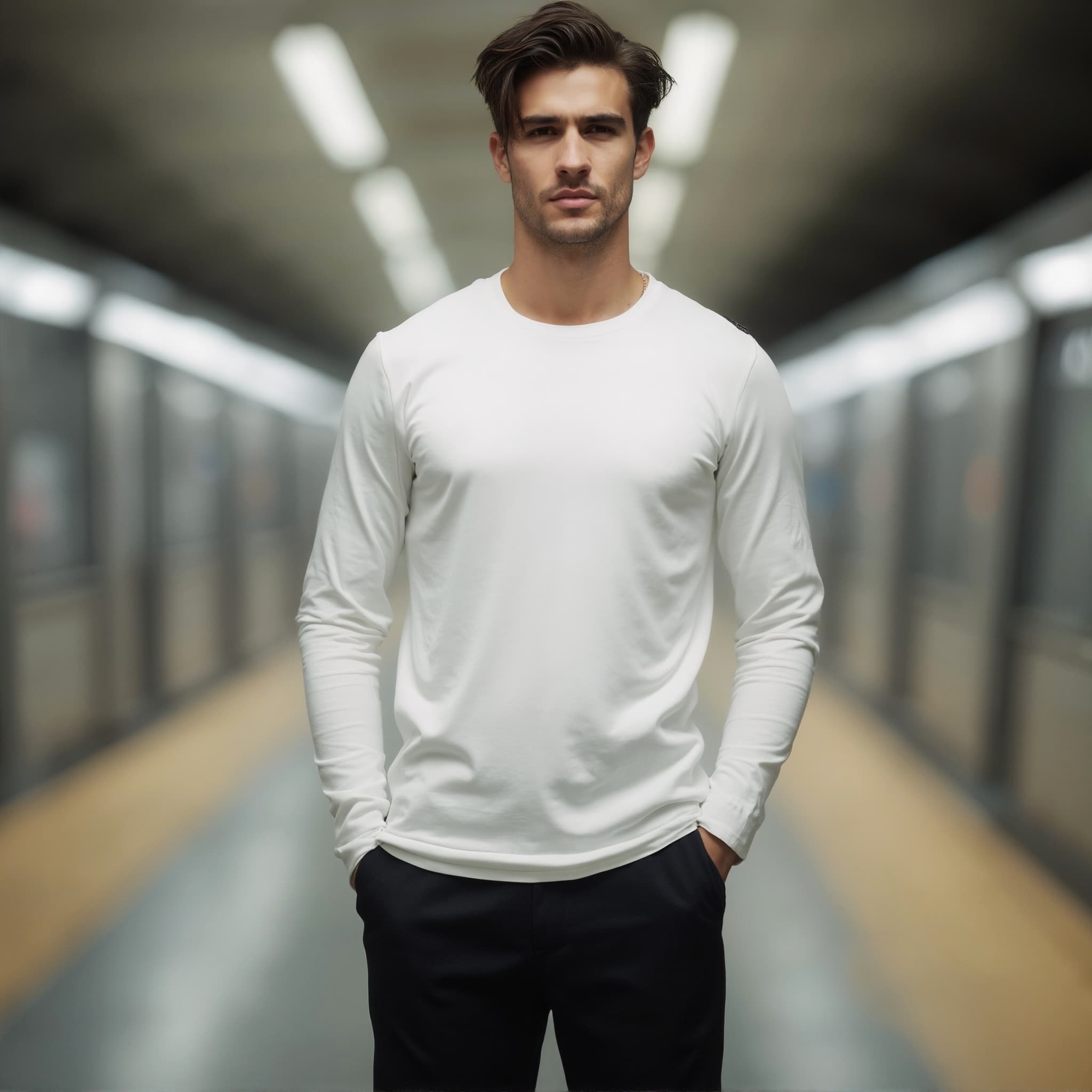 Long sleeve tee mockup a man stands with hands in pockets in a subway station