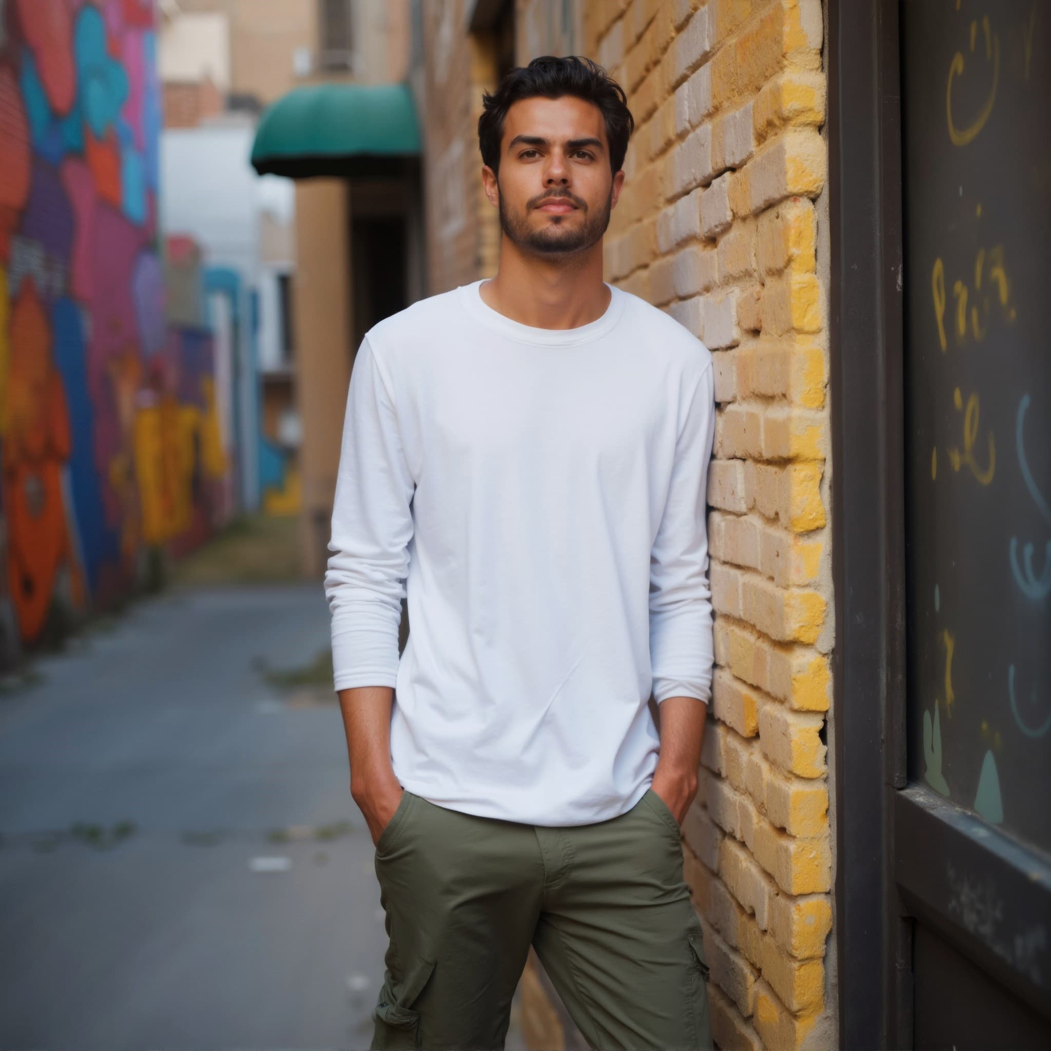Long sleeve tee mockup a man stands with hands in pockets in an alley