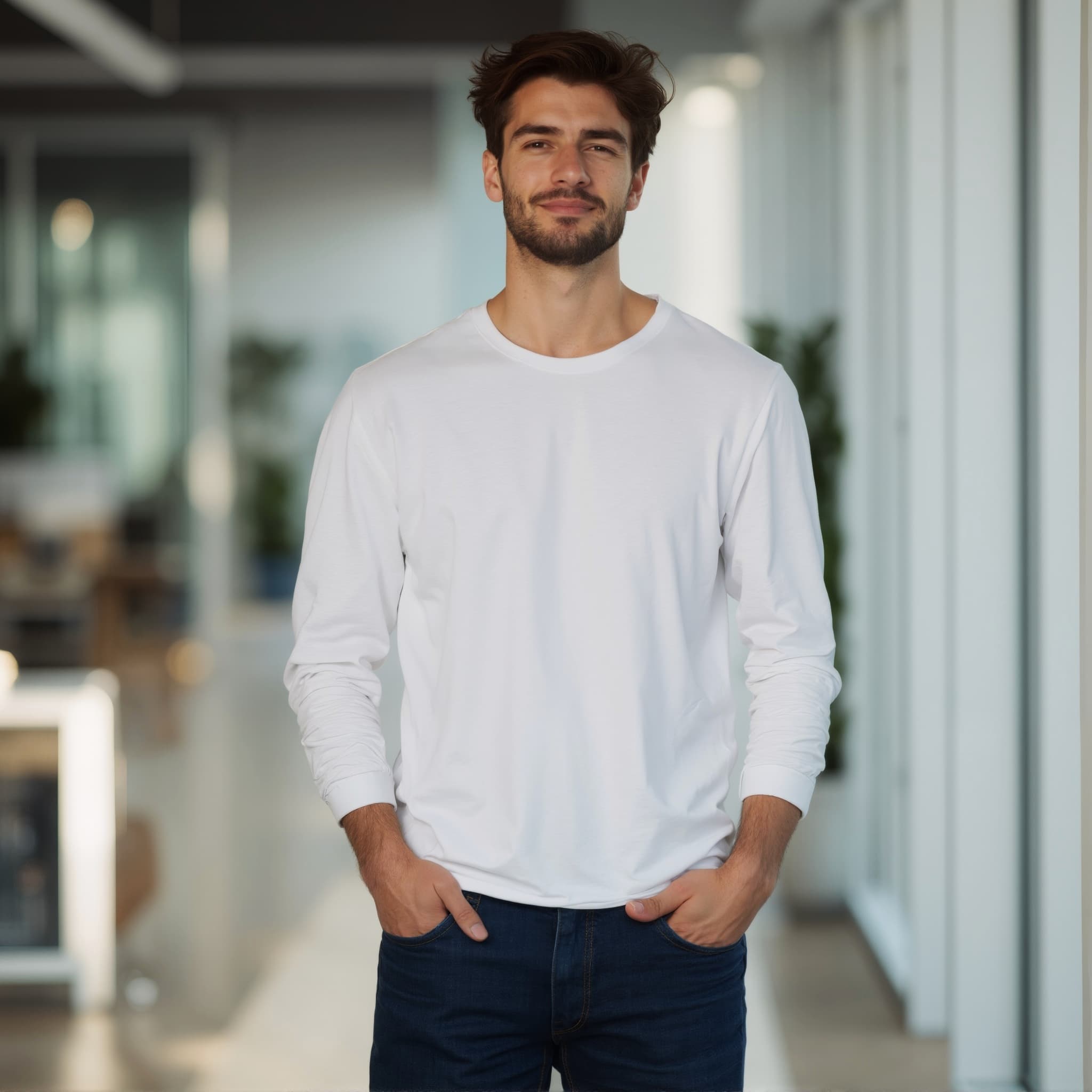 Long sleeve tee mockup a man stands with hands in pockets in an office