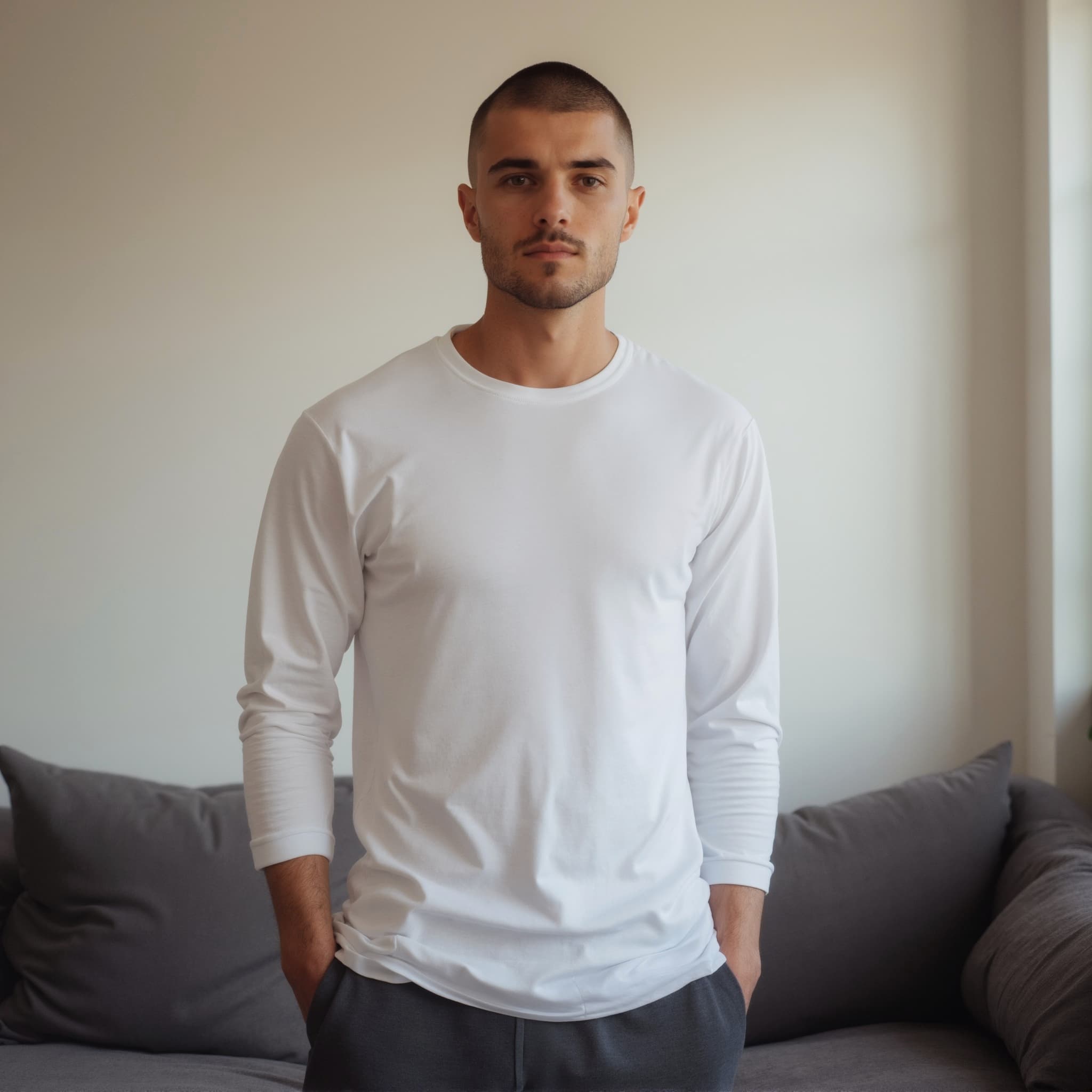 Long sleeve tee mockup a man stands with hands in pockets indoors