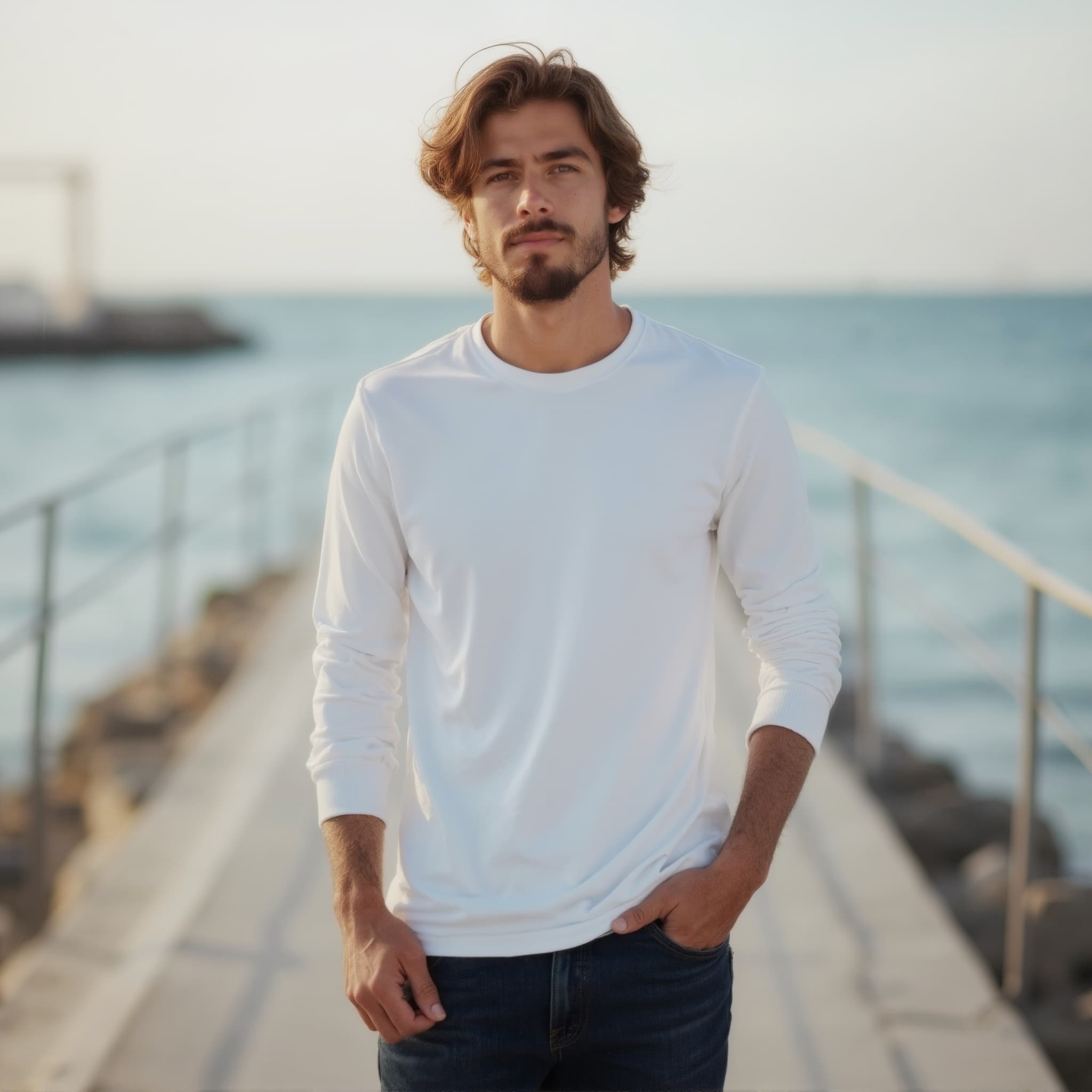 Long sleeve tee mockup a man stands with hands in pockets near water