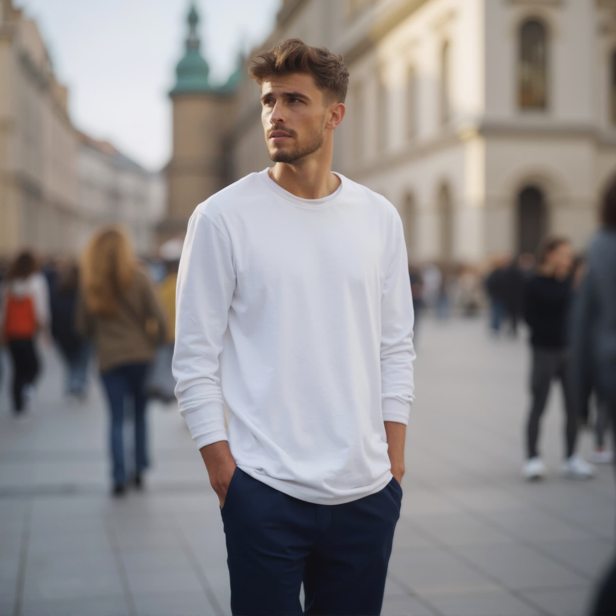 Long sleeve tee mockup a man stands with hands in pockets on a city street 04