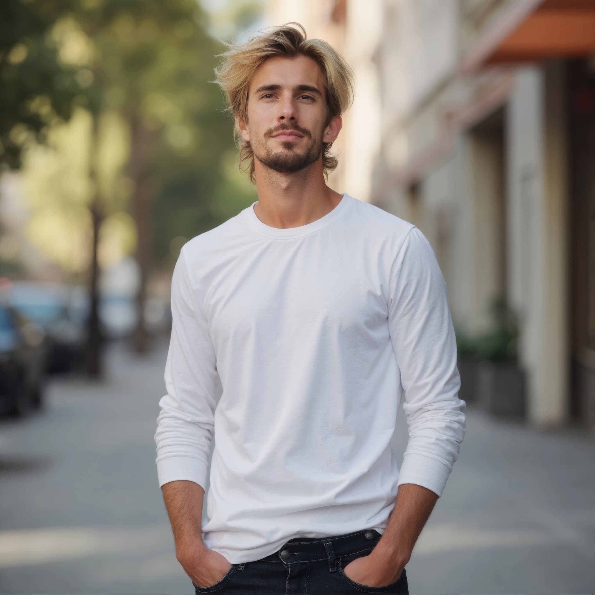 Long sleeve tee mockup a man stands with hands in pockets on a city street 1 01