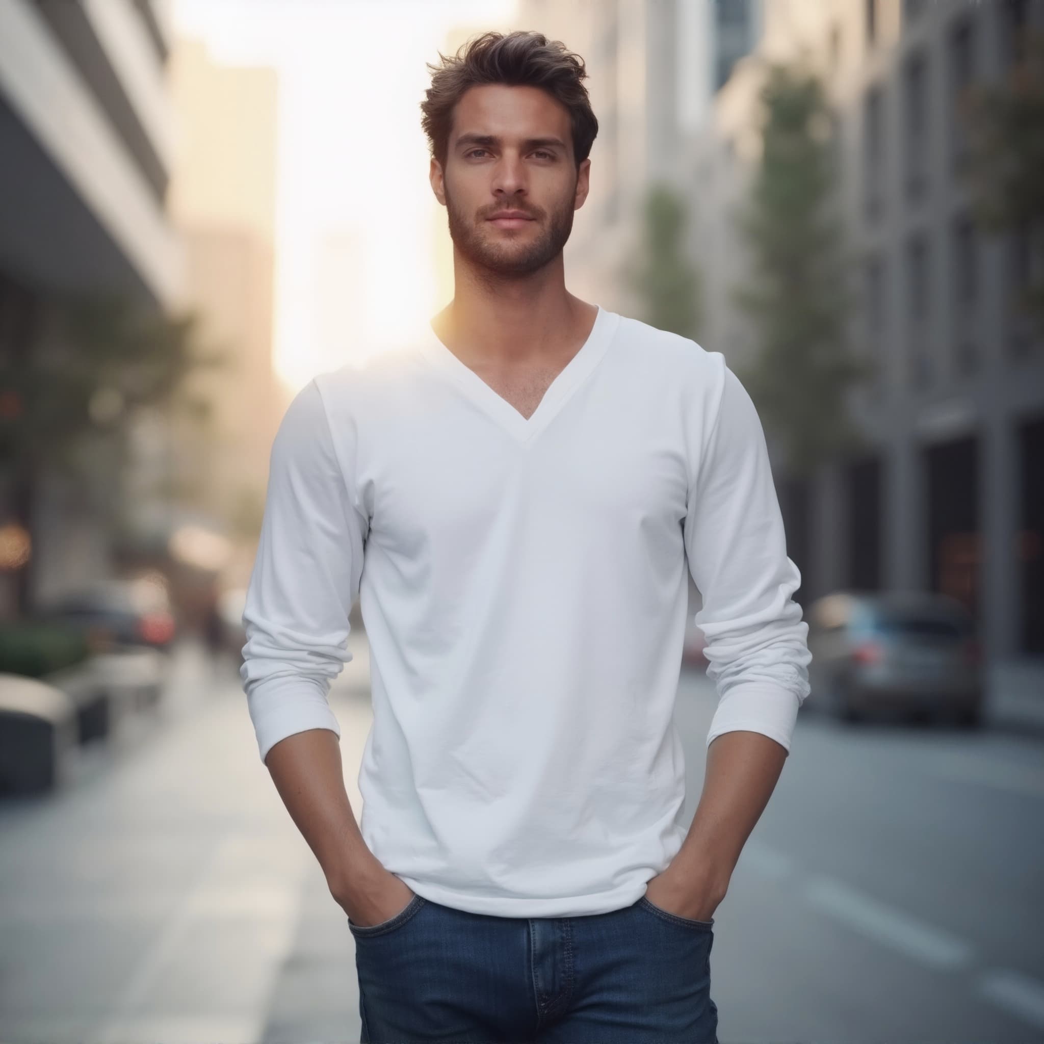 Long sleeve tee mockup a man stands with hands in pockets on a city street 3
