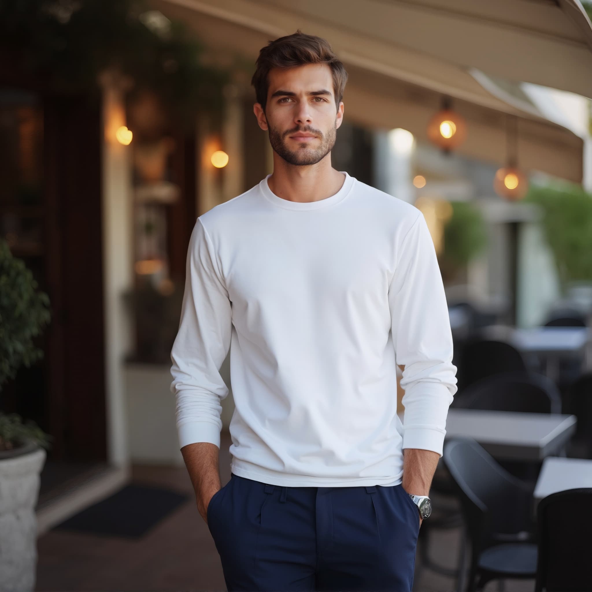 Long sleeve tee mockup a man stands with hands in pockets on a patio